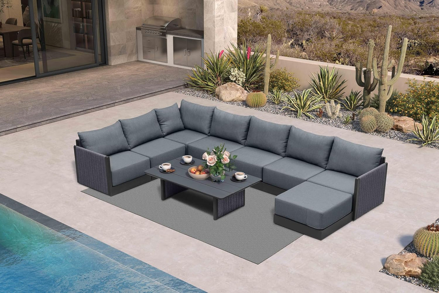 PURPLE LEAF Patio Furniture Set 8 Pieces Outdoor Conversation Sets PP Rope Patio Sofa with Cushions Manual Weaving Deep Seating Furniture for Porch Lawn Backyard Gray