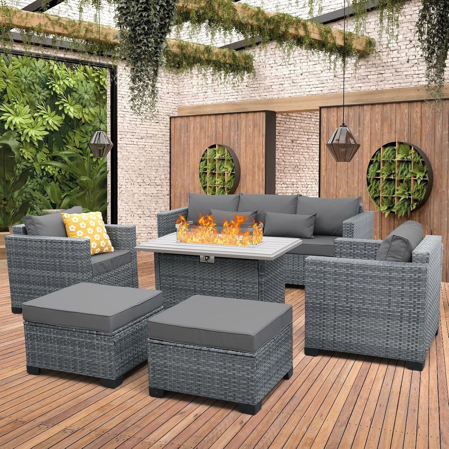 6 Pieces Wicker Patio Furniture Sets Outdoor Conversation Set PE Rattan Sectional Sofa Couch with Storage Table and Grey Cushions