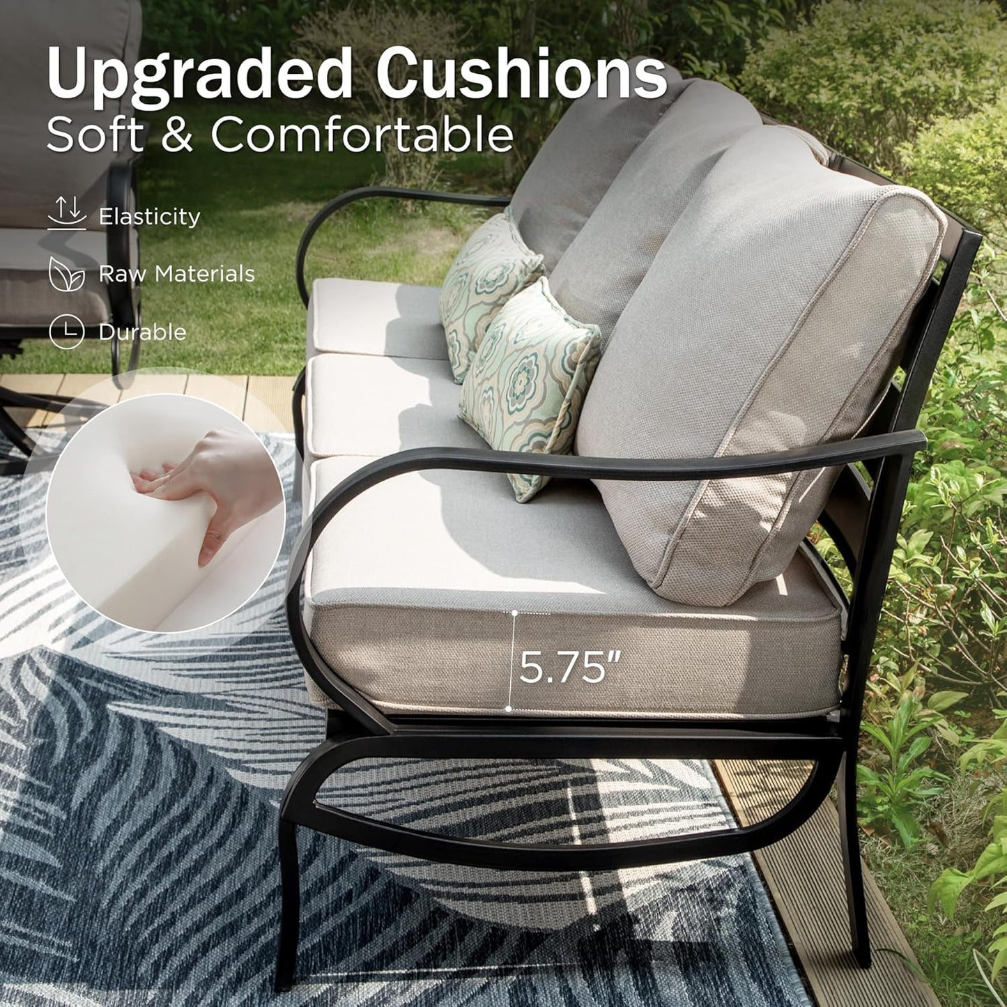PHI VILLA 6 Piece Patio Furniture Sets with 1 x 3 Seater Padded Deep Seating Bench, 2 x Swivel Cushioned Sofa Chairs, 2 x Leg Sofa Chairs and 1 x Coffee Table, Outdoor Metal Furniture Set for 7
