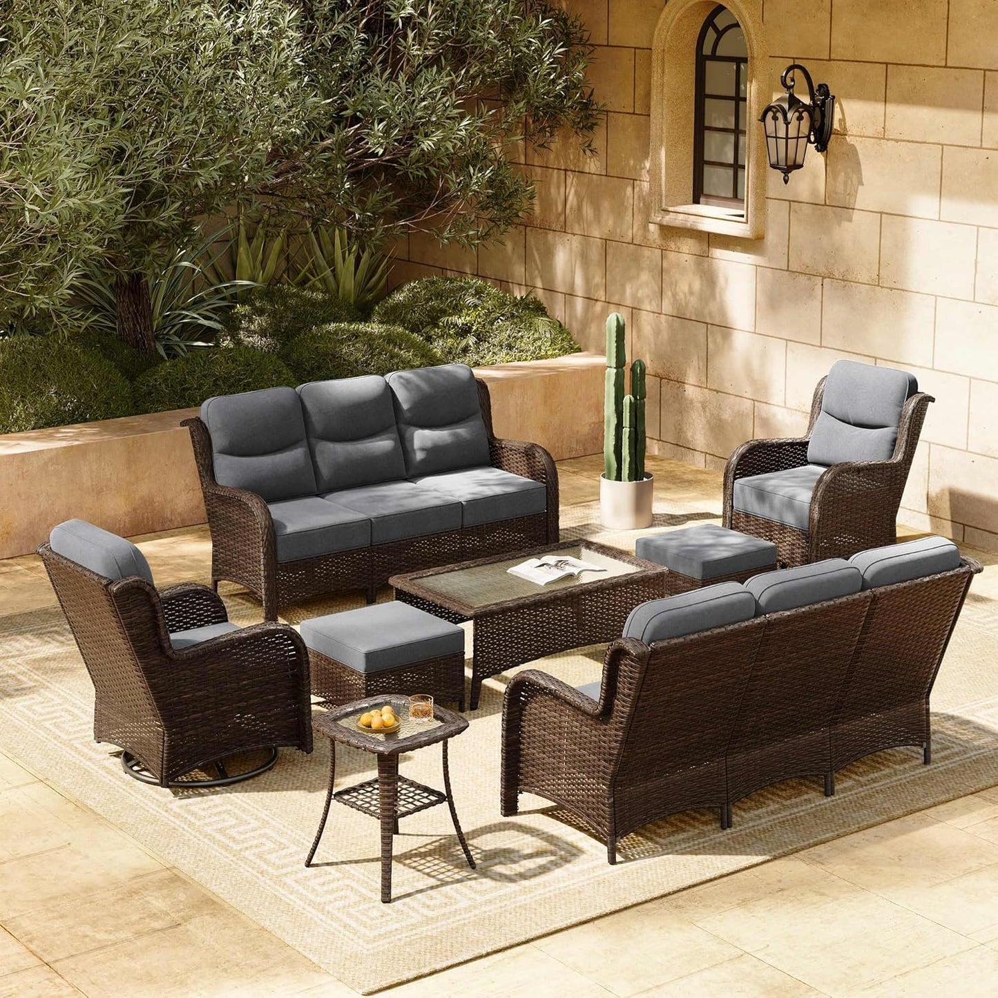 HILLGA Luxury Patio Furniture Set with 6-inch Thick Cushion, Outdoor Sectional Sofa and High Back Swivel Rocker Patio Chairs, 7PCS Wicker Conversation Set for Deck Yard and Pool, Blue (V2)