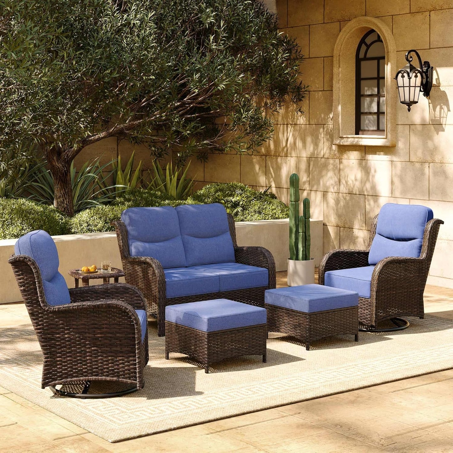 HILLGA Luxury Patio Furniture Set with 6-inch Thick Cushion, Outdoor Sectional Sofa and High Back Swivel Rocker Patio Chairs, 7PCS Wicker Conversation Set for Deck Yard and Pool, Blue (V2)