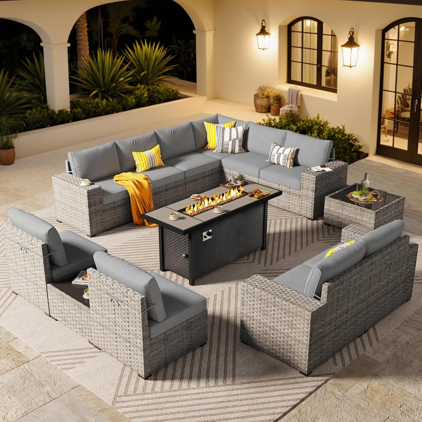 ovios 6 Pieces Patio Furniture Set, Outdoor Wicker Sectional Sofa with Glass Table Comfy Cushions, Modern Modular Deep Seat Couch Rattan Conversation Set, Denim Blue