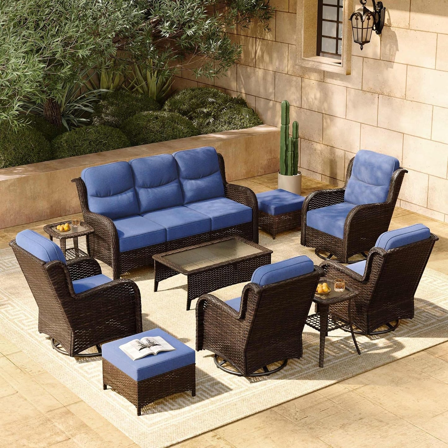 HILLGA Luxury Patio Furniture Set with 6-inch Thick Cushion, Outdoor Sectional Sofa and High Back Swivel Rocker Patio Chairs, 7PCS Wicker Conversation Set for Deck Yard and Pool, Blue (V2)