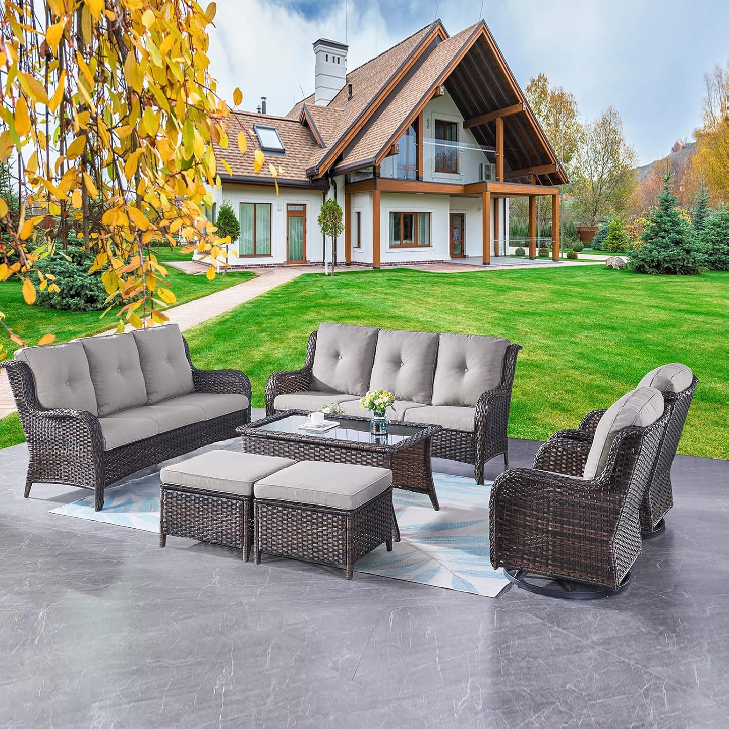 Rilyson Wicker Rocking Chair Swivel Chairs - 4 Piece Rocker Patio Chairs Set Rattan Rocking Chair for Outdoor Porch Deck Garden Backyard(Mixed Grey/Blue)