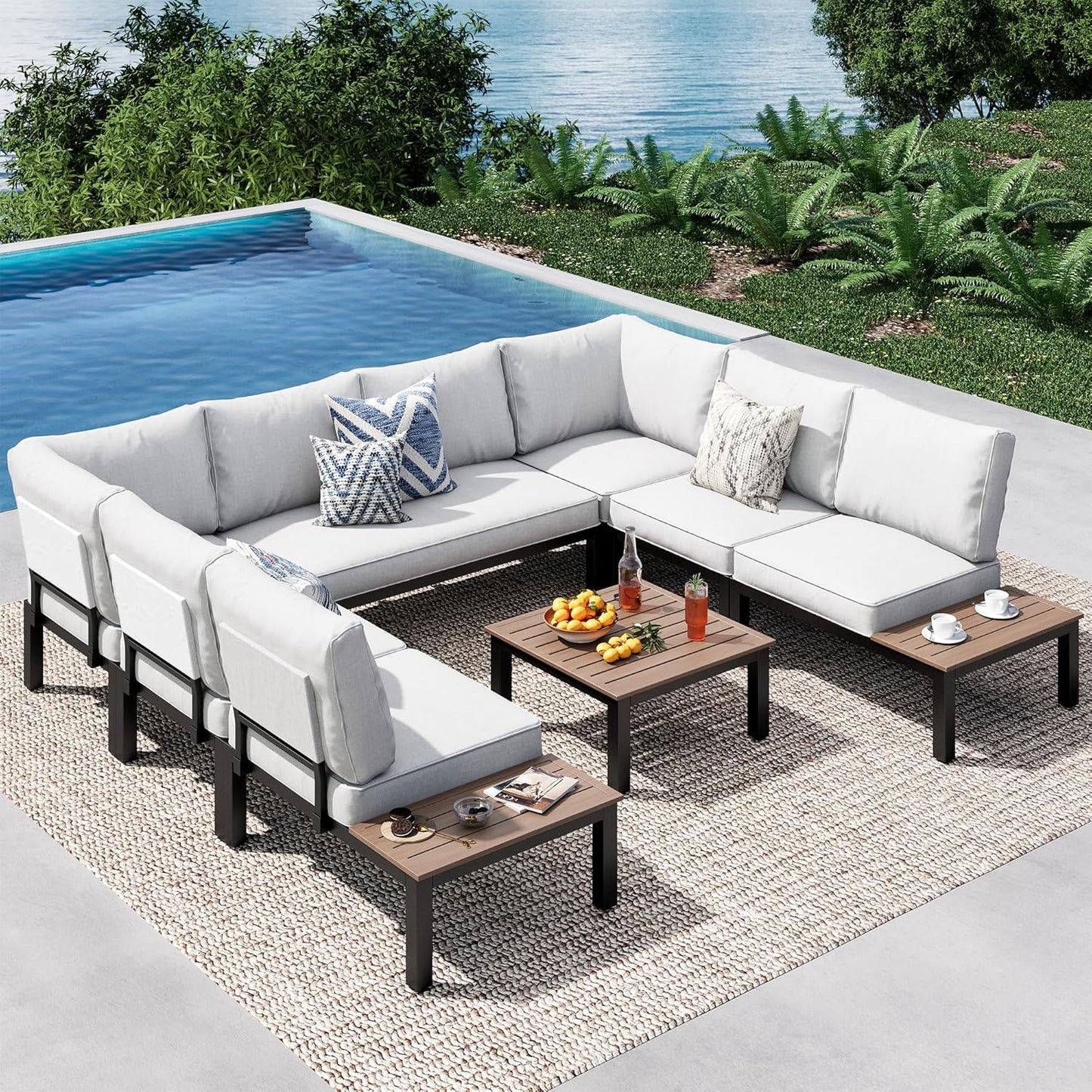 PHI VILLA 6 Pieces Outdoor Patio Furniture Set,Metal Frame Modern Outdoor Sectional Sofa Set,6 Seats Patio Conversation Sets with Coffee Table&Thickened Cushion,for Poolside and Backyard,Light Grey