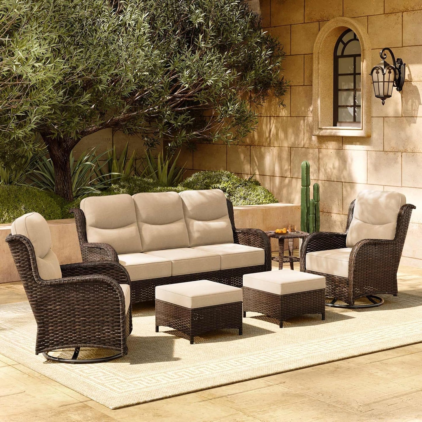HILLGA Luxury Patio Furniture Set with 6-inch Thick Cushion, Outdoor Sectional Sofa and High Back Swivel Rocker Patio Chairs, 7PCS Wicker Conversation Set for Deck Yard and Pool, Blue (V2)
