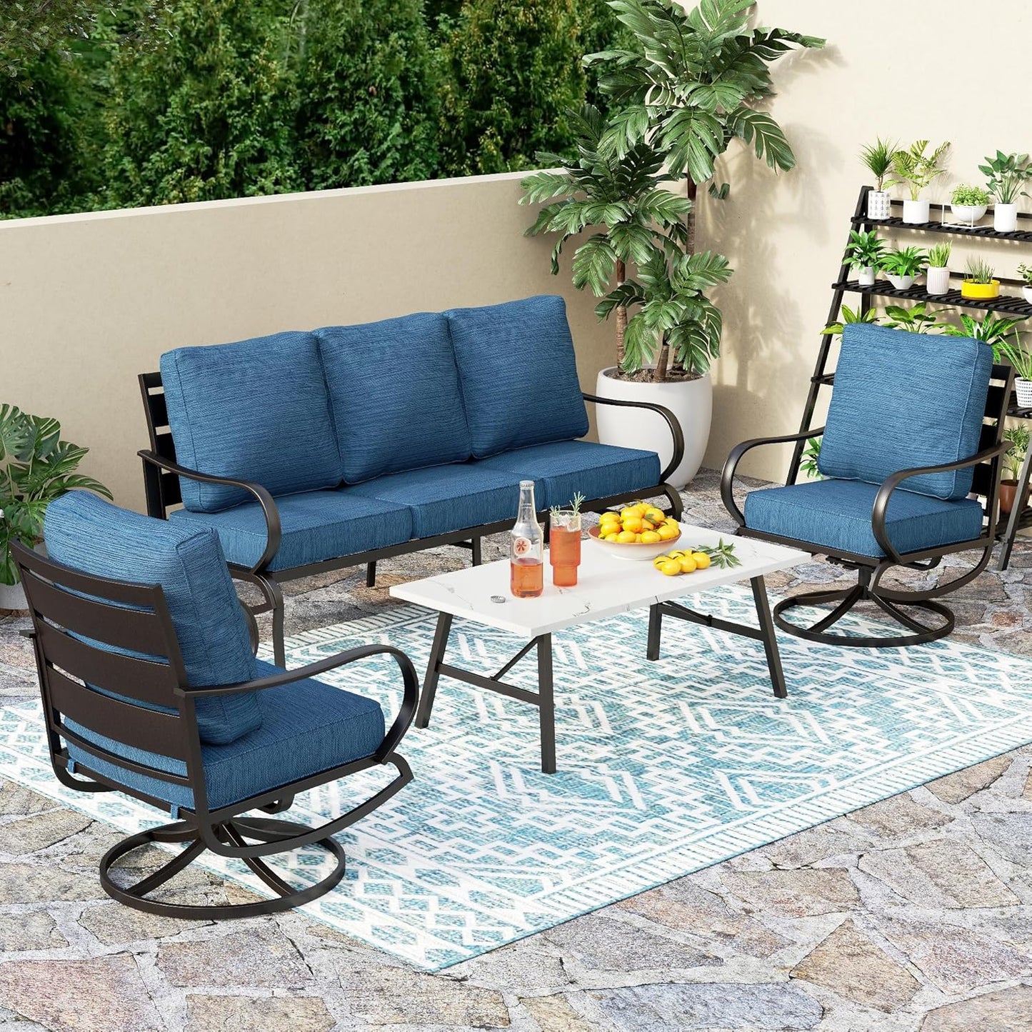 PHI VILLA 6 Piece Patio Furniture Sets with 1 x 3 Seater Padded Deep Seating Bench, 2 x Swivel Cushioned Sofa Chairs, 2 x Leg Sofa Chairs and 1 x Coffee Table, Outdoor Metal Furniture Set for 7