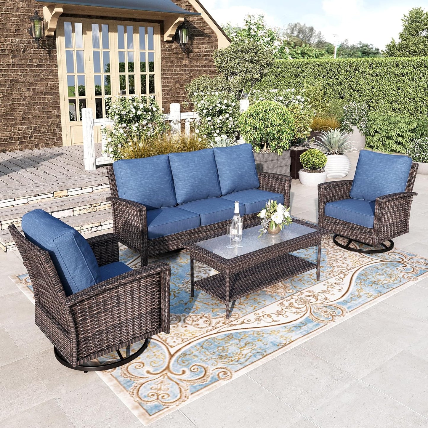 Luxury Patio Furniture Set with 5.5" Thick Cushion, Outdoor Wicker Conversation Set, 4 x High Back Swivel Patio Chairs with Tempered Glass Table, Waterproof 3-Seat Sofa for Deck Lawn Deck Yard, Beige