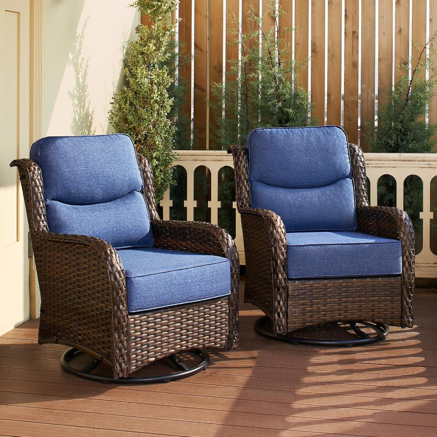 HILLGA Luxury Patio Furniture Set with 6-inch Thick Cushion, Outdoor Sectional Sofa and High Back Swivel Rocker Patio Chairs, 7PCS Wicker Conversation Set for Deck Yard and Pool, Blue (V2)