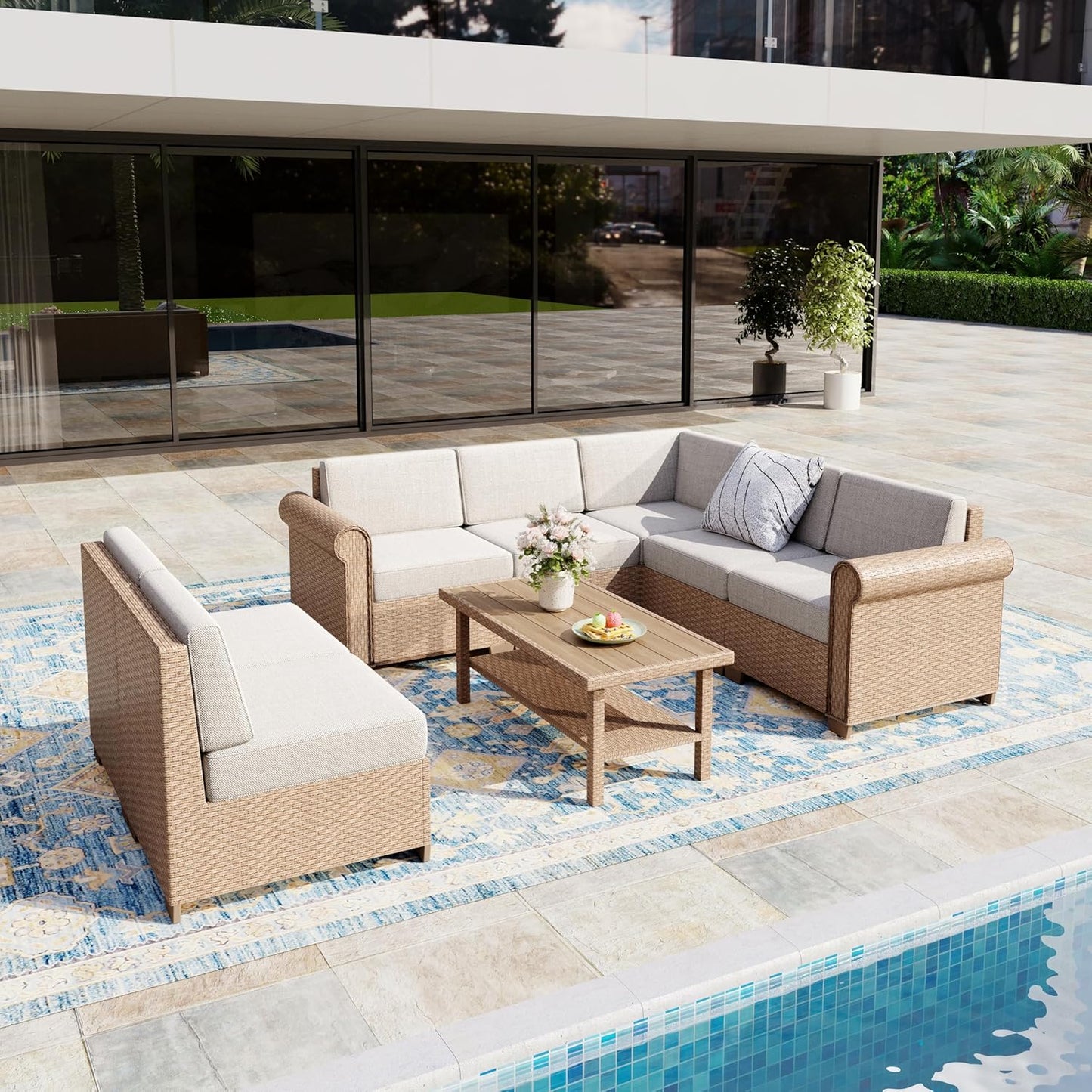 Patio Furniture Set, 8 Piece Outdoor Rattan Wicker Sectional Conversation Set with 5.5" Thick Waterproof Cushions and Coffee Table for Deck Backyard