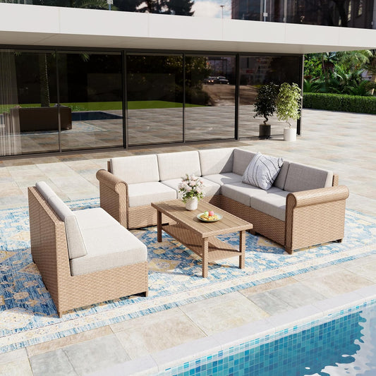 Patio Furniture Set, 8 Piece Outdoor Rattan Wicker Sectional Conversation Set with 5.5" Thick Waterproof Cushions and Coffee Table for Deck Backyard