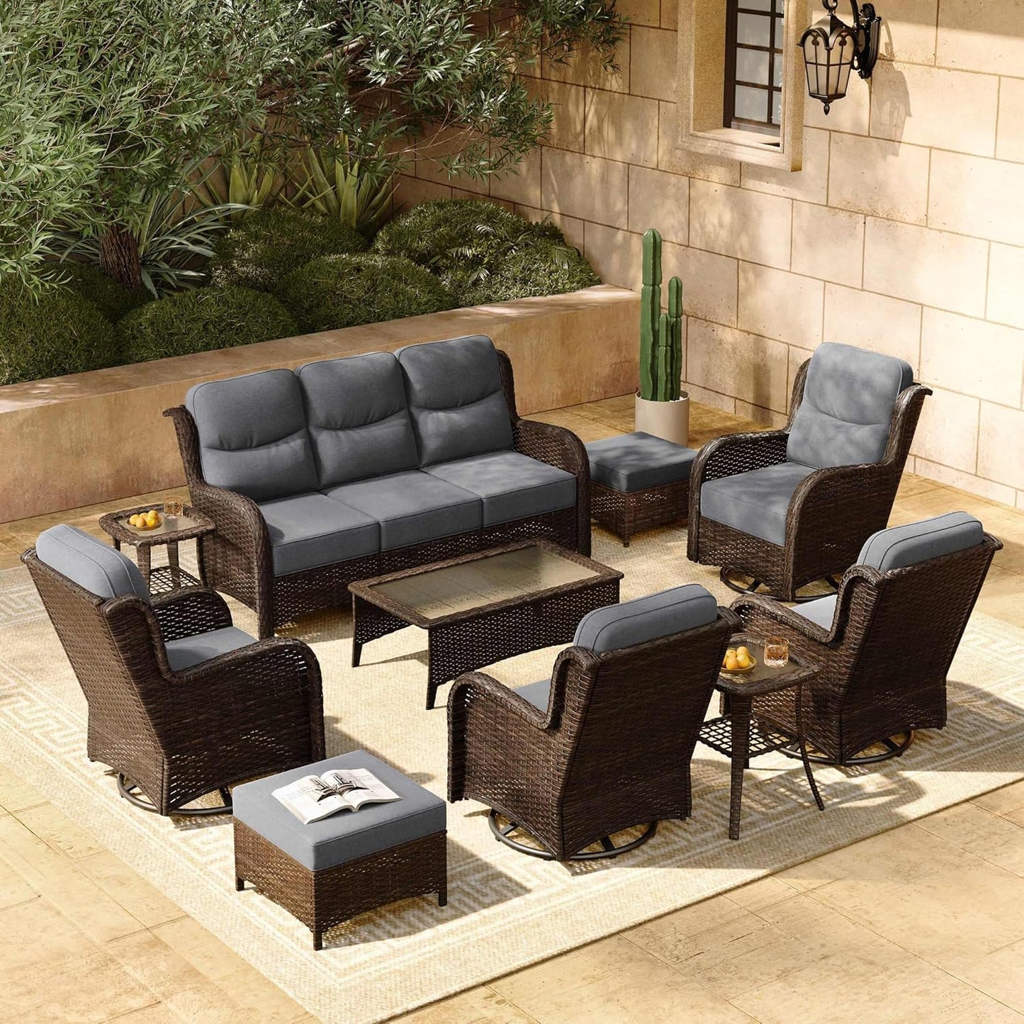 HILLGA Luxury Patio Furniture Set with 6-inch Thick Cushion, Outdoor Sectional Sofa and High Back Swivel Rocker Patio Chairs, 7PCS Wicker Conversation Set for Deck Yard and Pool, Blue (V2)