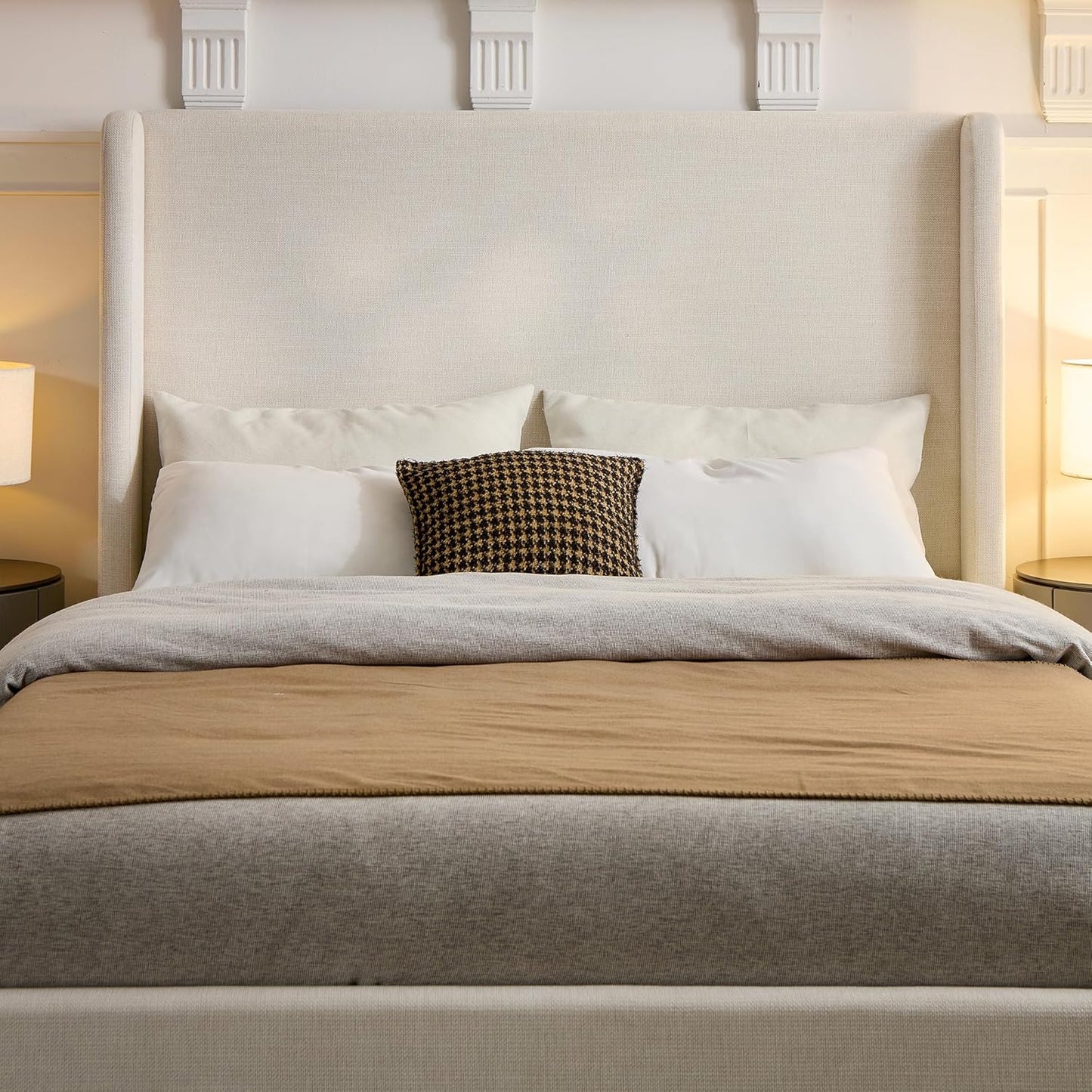 Queen Size Upholstered Platform Bed Frame, 54" High Headboard Carmen Wingback Bed, Fully Upholstered Mattress Foundation, No Box Spring Needed No Noise, Minimalist, Textured Ivory
