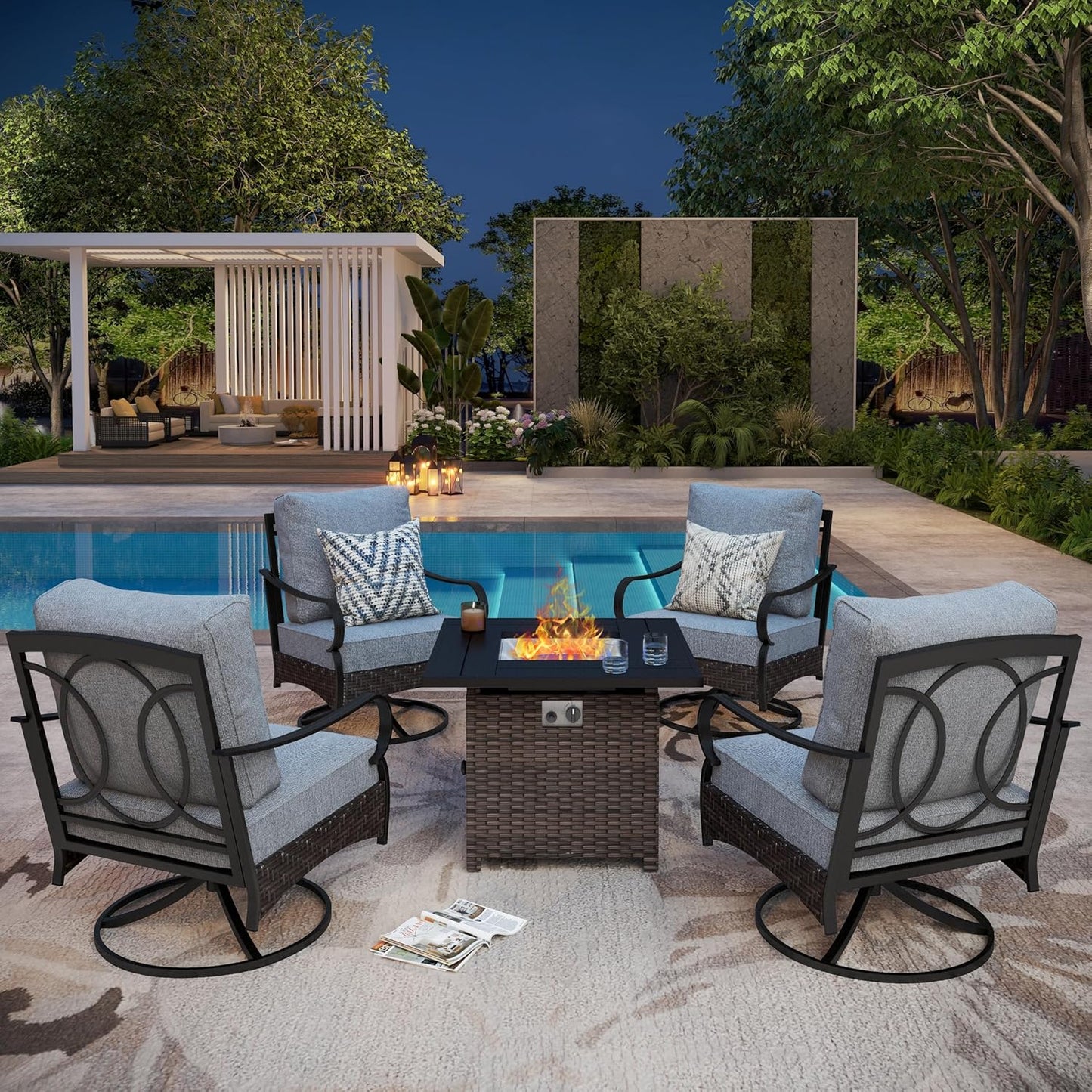 Patio Furniture Set with 56" Fire Pit Table, Premium Outdoor Wicker Metal Frame Furniture with Upgraded Waterproof Thick Cushions for Porch, Poolside, Deck, and Yard (4 Pieces,Red