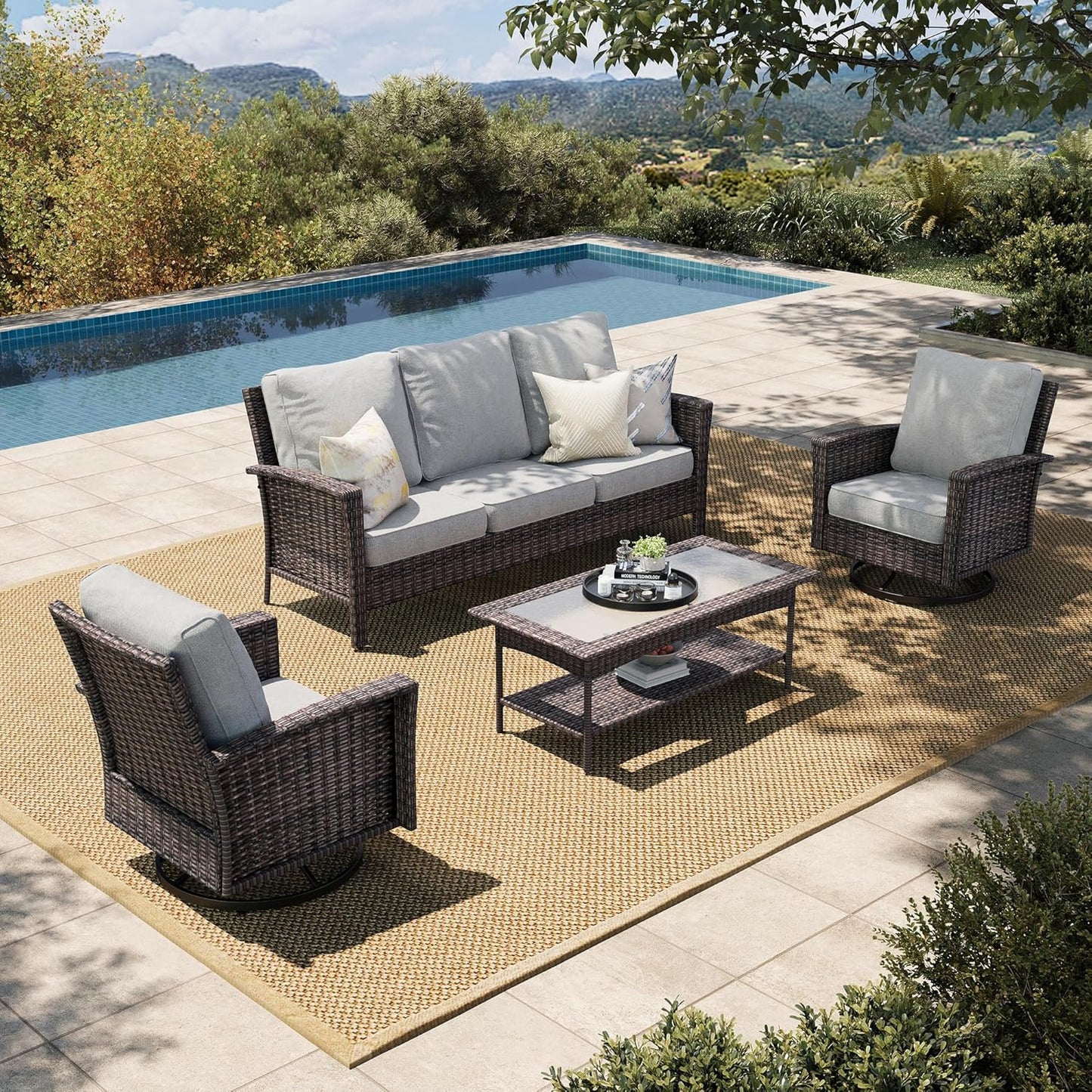 Luxury Patio Furniture Set with 5.5" Thick Cushion, Outdoor Wicker Conversation Set, 4 x High Back Swivel Patio Chairs with Tempered Glass Table, Waterproof 3-Seat Sofa for Deck Lawn Deck Yard, Beige