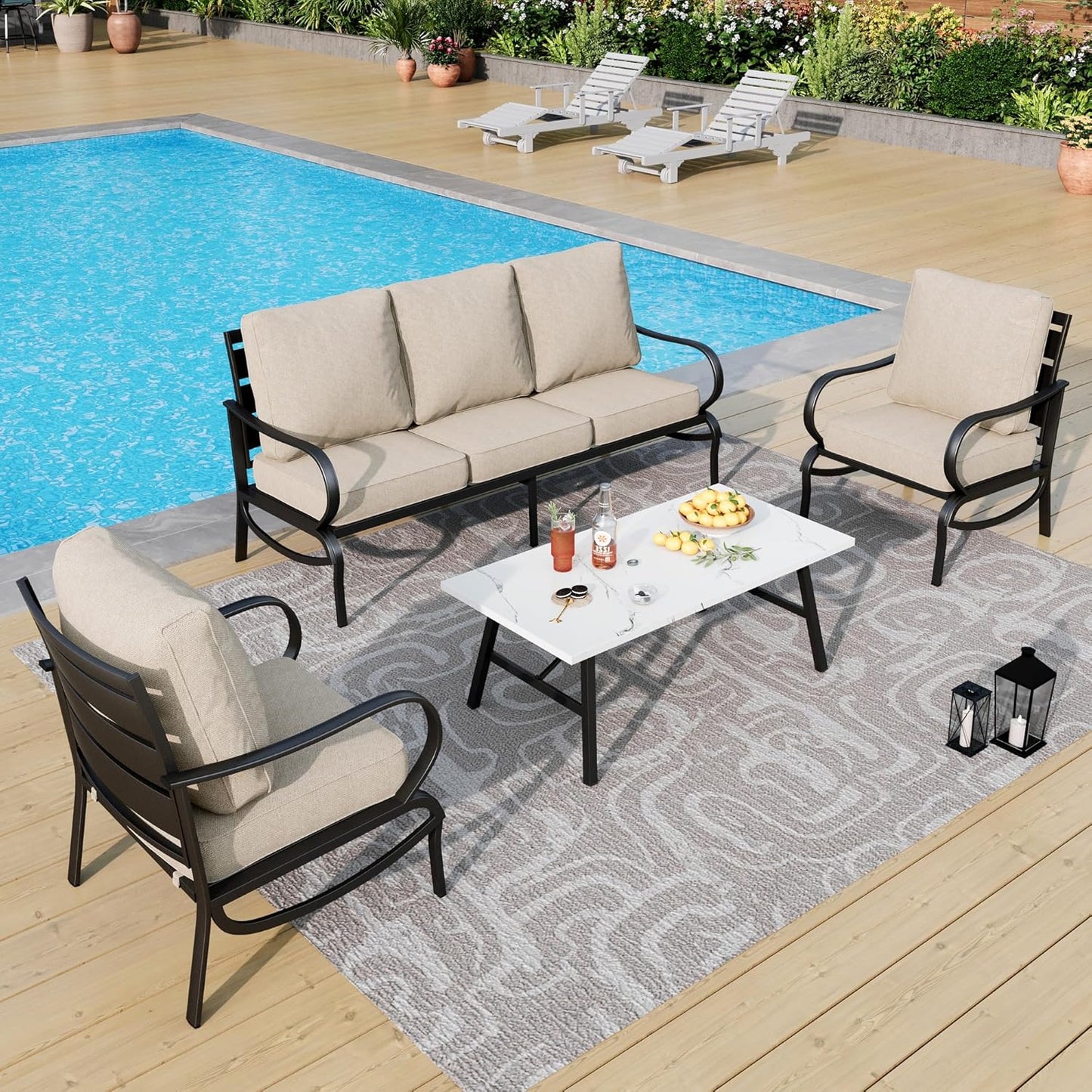 PHI VILLA 6 Piece Patio Furniture Sets with 1 x 3 Seater Padded Deep Seating Bench, 2 x Swivel Cushioned Sofa Chairs, 2 x Leg Sofa Chairs and 1 x Coffee Table, Outdoor Metal Furniture Set for 7