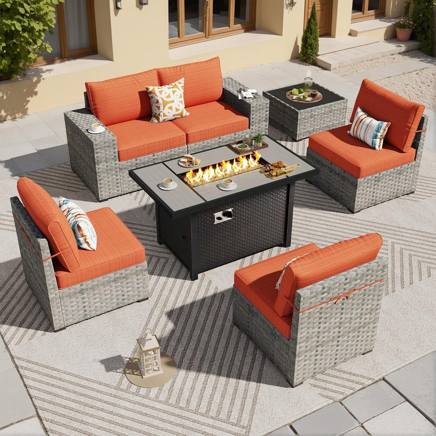 ovios 6 Pieces Patio Furniture Set, Outdoor Wicker Sectional Sofa with Glass Table Comfy Cushions, Modern Modular Deep Seat Couch Rattan Conversation Set, Denim Blue