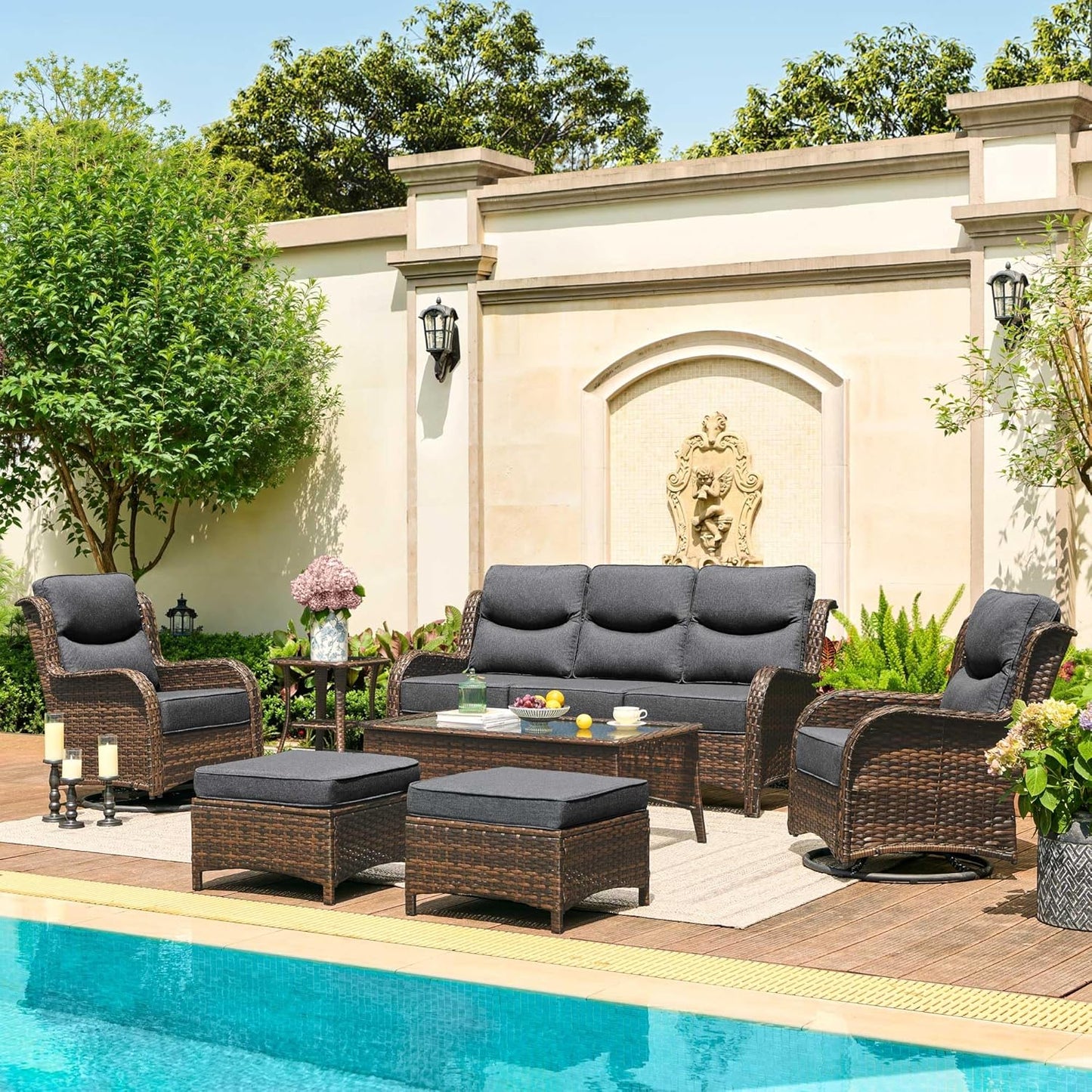 HILLGA Luxury Patio Furniture Set with 6-inch Thick Cushion, Outdoor Sectional Sofa and High Back Swivel Rocker Patio Chairs, 7PCS Wicker Conversation Set for Deck Yard and Pool, Blue (V2)