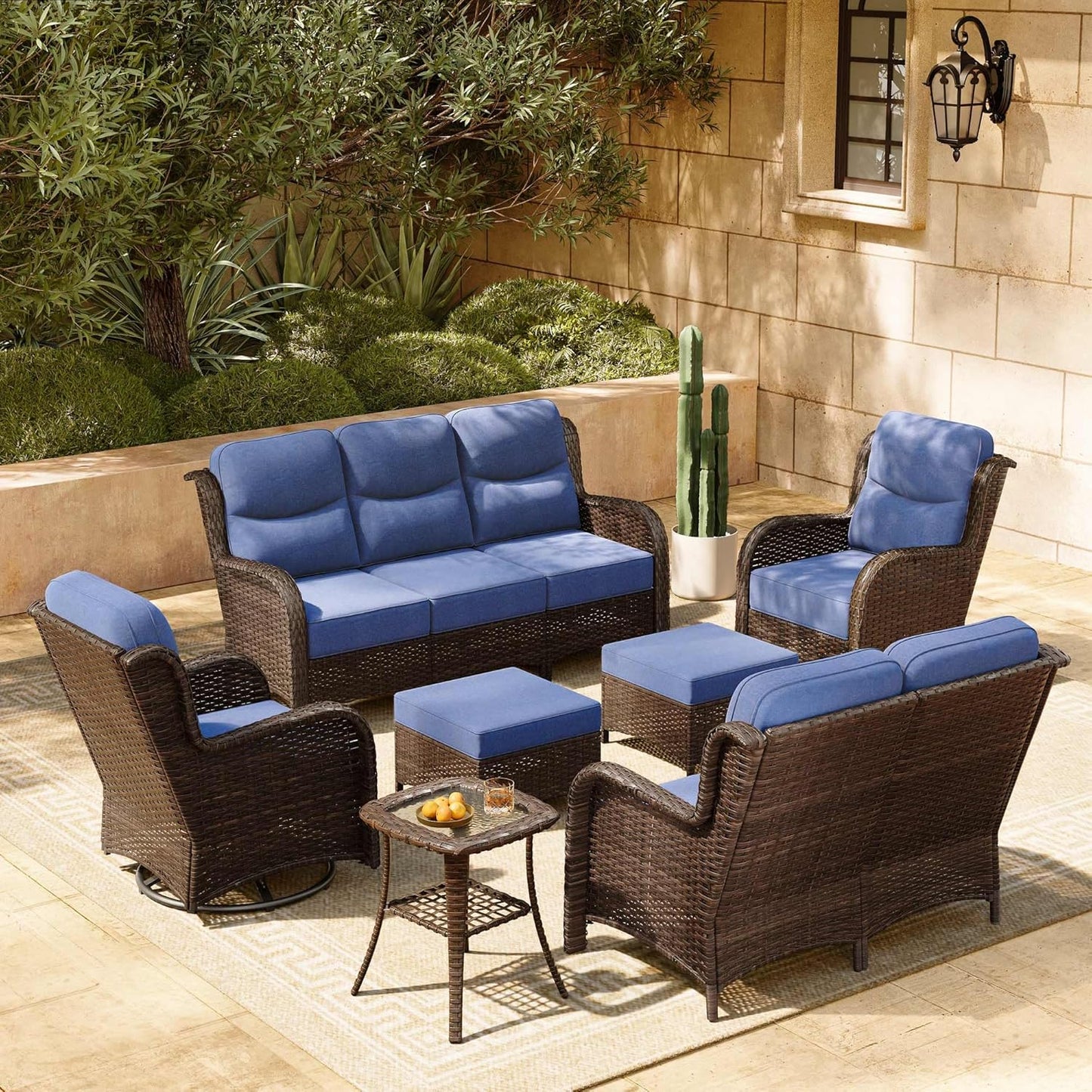 HILLGA Luxury Patio Furniture Set with 6-inch Thick Cushion, Outdoor Sectional Sofa and High Back Swivel Rocker Patio Chairs, 7PCS Wicker Conversation Set for Deck Yard and Pool, Blue (V2)