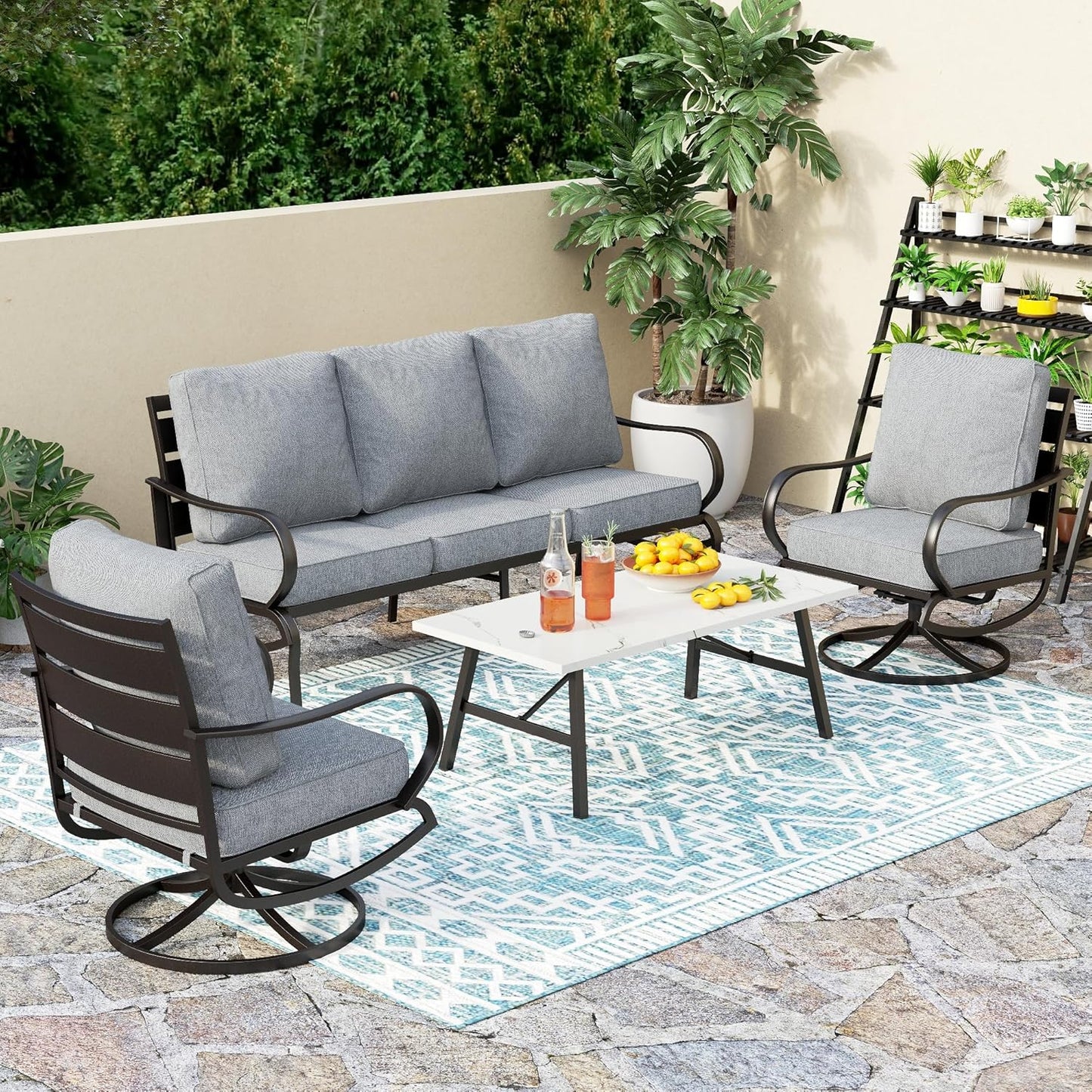 PHI VILLA 6 Piece Patio Furniture Sets with 1 x 3 Seater Padded Deep Seating Bench, 2 x Swivel Cushioned Sofa Chairs, 2 x Leg Sofa Chairs and 1 x Coffee Table, Outdoor Metal Furniture Set for 7