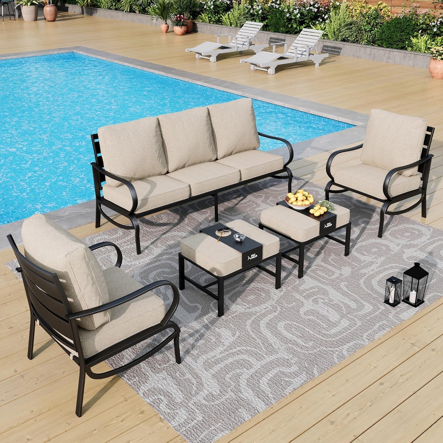 PHI VILLA 6 Piece Patio Furniture Sets with 1 x 3 Seater Padded Deep Seating Bench, 2 x Swivel Cushioned Sofa Chairs, 2 x Leg Sofa Chairs and 1 x Coffee Table, Outdoor Metal Furniture Set for 7