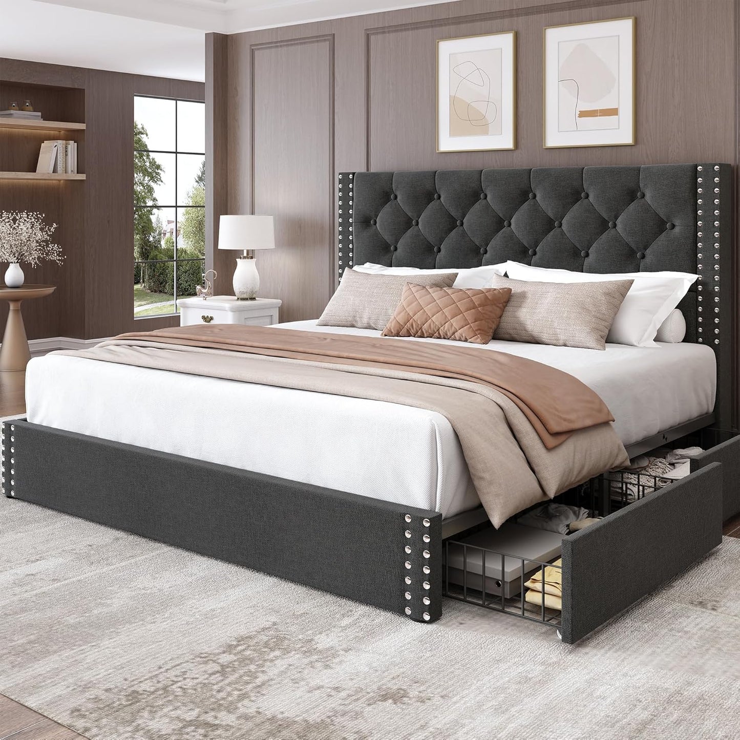 LARMACE King Size Bed Frame with 4 Storage Drawers and Tufted Headboard Linen Upholstered Platform Bed Frame with Heavy Duty Wood Slats, No Box Spring Needed, Easy Assembly, Beige
