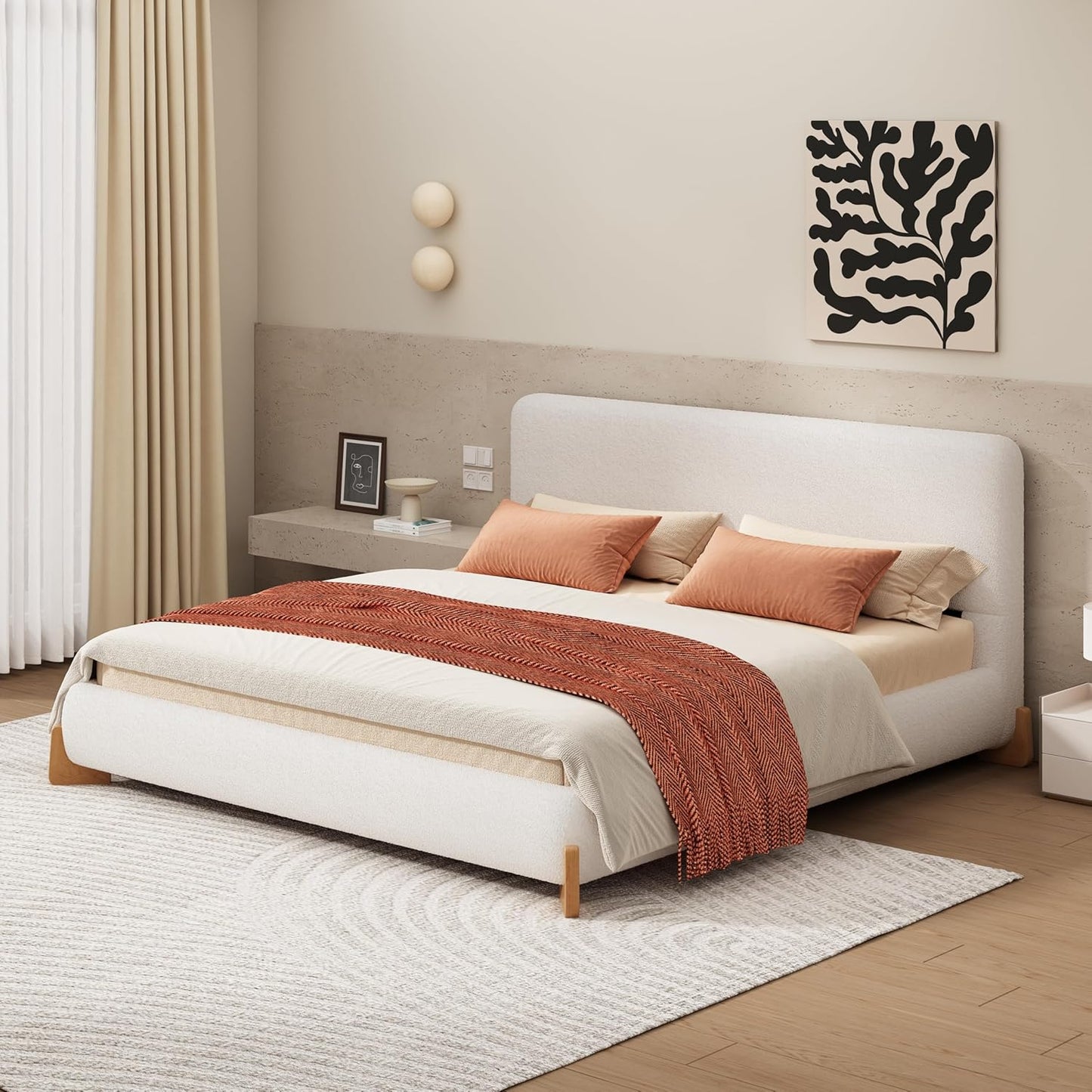 Merax Boucle Upholstered Bed, King Bed Frame and Headboard, Platform Bedframe, No Box Spring Required, Easy Assembly, White