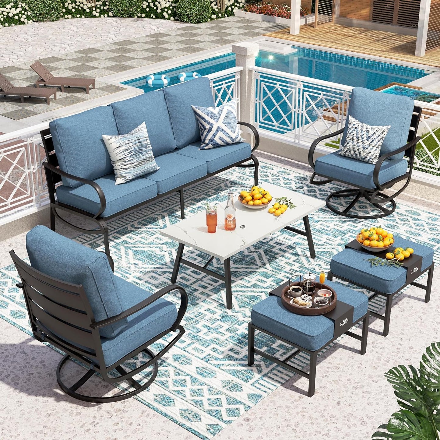 PHI VILLA 6 Piece Patio Furniture Sets with 1 x 3 Seater Padded Deep Seating Bench, 2 x Swivel Cushioned Sofa Chairs, 2 x Leg Sofa Chairs and 1 x Coffee Table, Outdoor Metal Furniture Set for 7