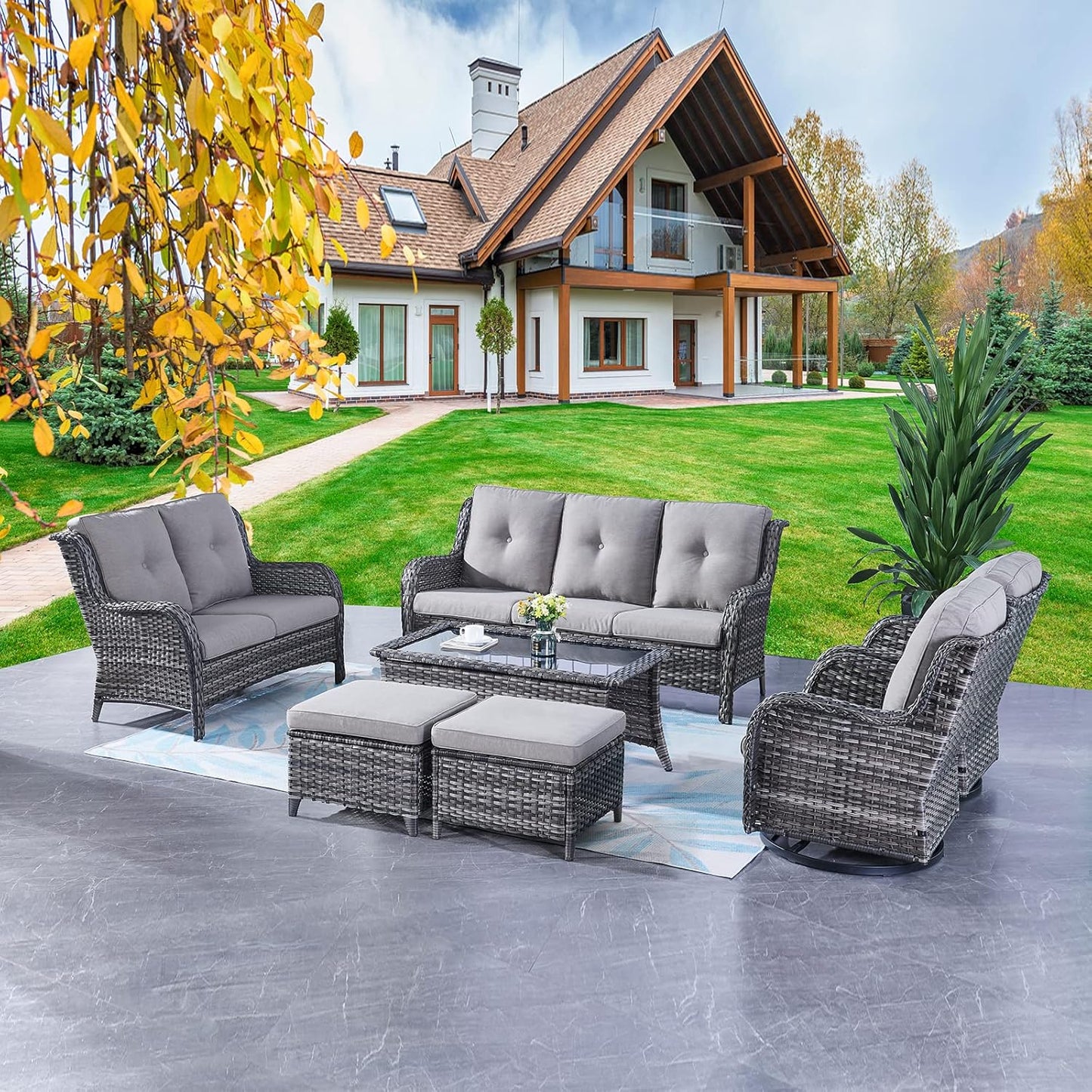 Rilyson Wicker Rocking Chair Swivel Chairs - 4 Piece Rocker Patio Chairs Set Rattan Rocking Chair for Outdoor Porch Deck Garden Backyard(Mixed Grey/Blue)