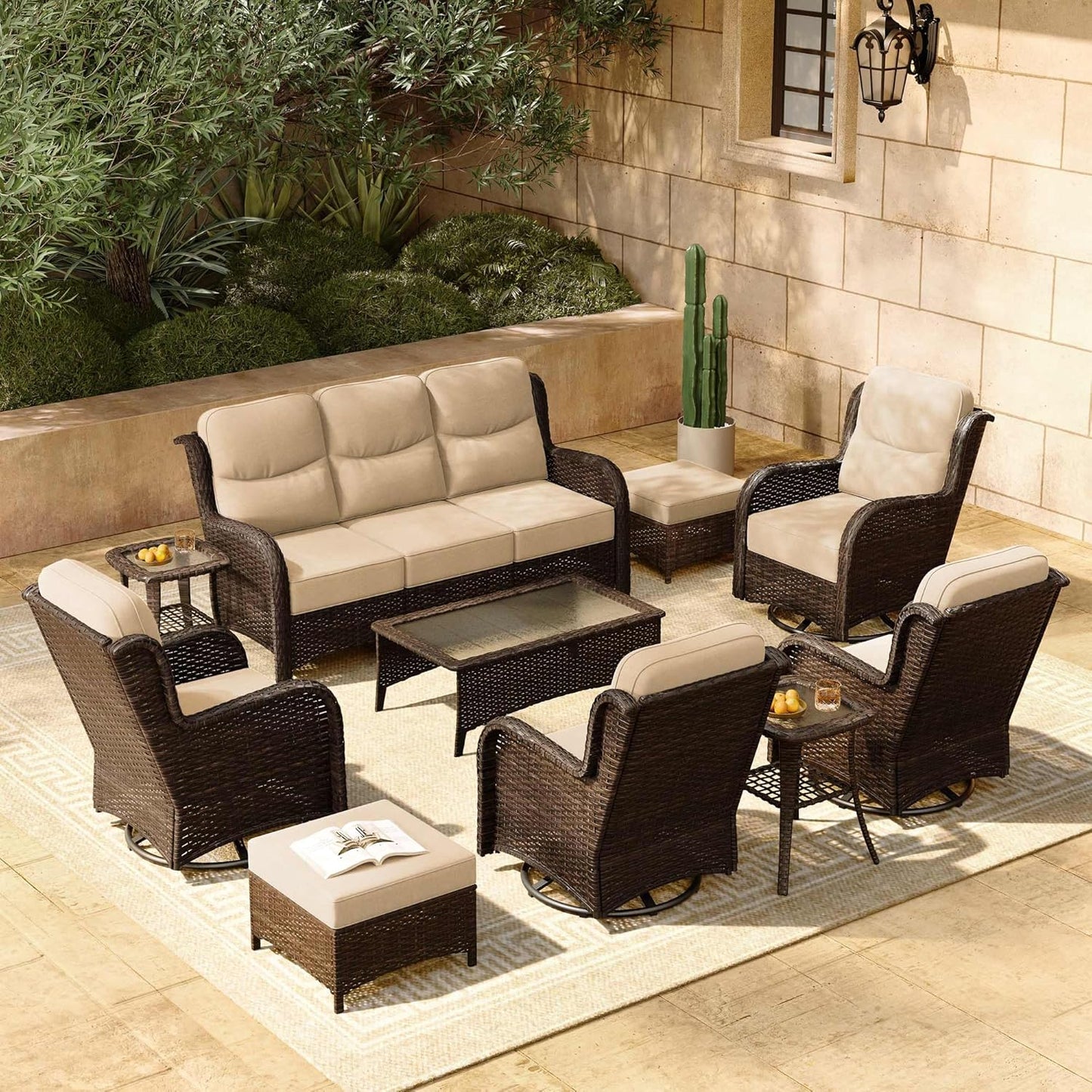 HILLGA Luxury Patio Furniture Set with 6-inch Thick Cushion, Outdoor Sectional Sofa and High Back Swivel Rocker Patio Chairs, 7PCS Wicker Conversation Set for Deck Yard and Pool, Blue (V2)