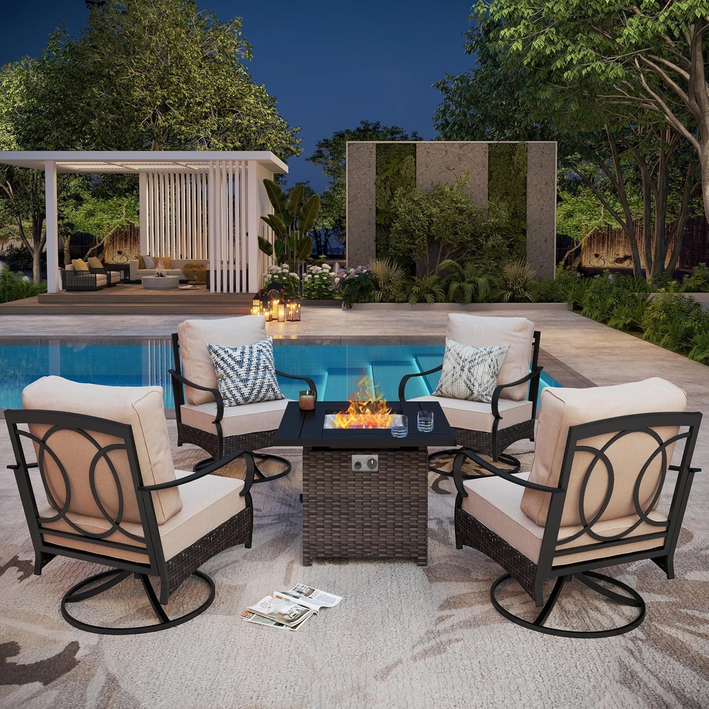 Patio Furniture Set with 56" Fire Pit Table, Premium Outdoor Wicker Metal Frame Furniture with Upgraded Waterproof Thick Cushions for Porch, Poolside, Deck, and Yard (4 Pieces,Red