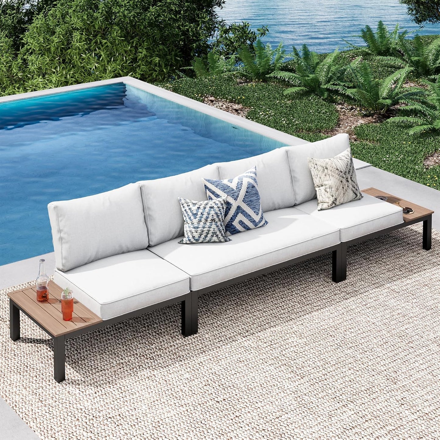 PHI VILLA 6 Pieces Outdoor Patio Furniture Set,Metal Frame Modern Outdoor Sectional Sofa Set,6 Seats Patio Conversation Sets with Coffee Table&Thickened Cushion,for Poolside and Backyard,Light Grey