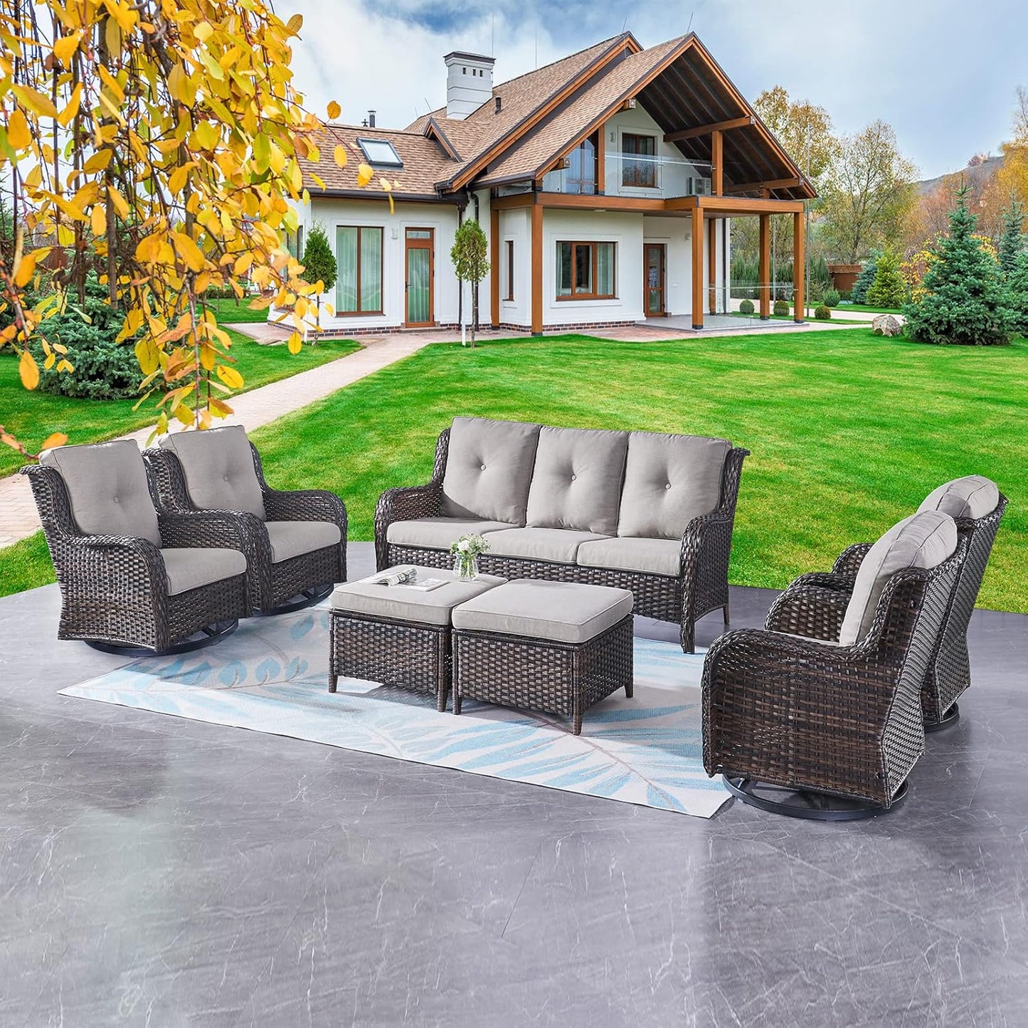 Rilyson Wicker Rocking Chair Swivel Chairs - 4 Piece Rocker Patio Chairs Set Rattan Rocking Chair for Outdoor Porch Deck Garden Backyard(Mixed Grey/Blue)
