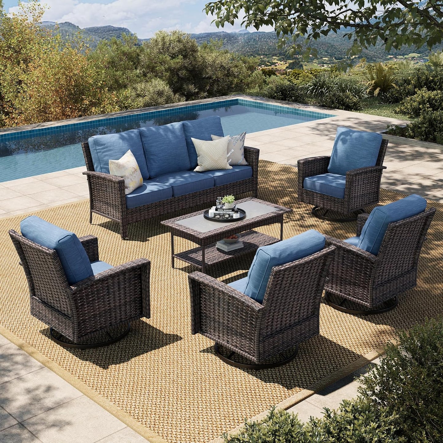 Luxury Patio Furniture Set with 5.5" Thick Cushion, Outdoor Wicker Conversation Set, 4 x High Back Swivel Patio Chairs with Tempered Glass Table, Waterproof 3-Seat Sofa for Deck Lawn Deck Yard, Beige