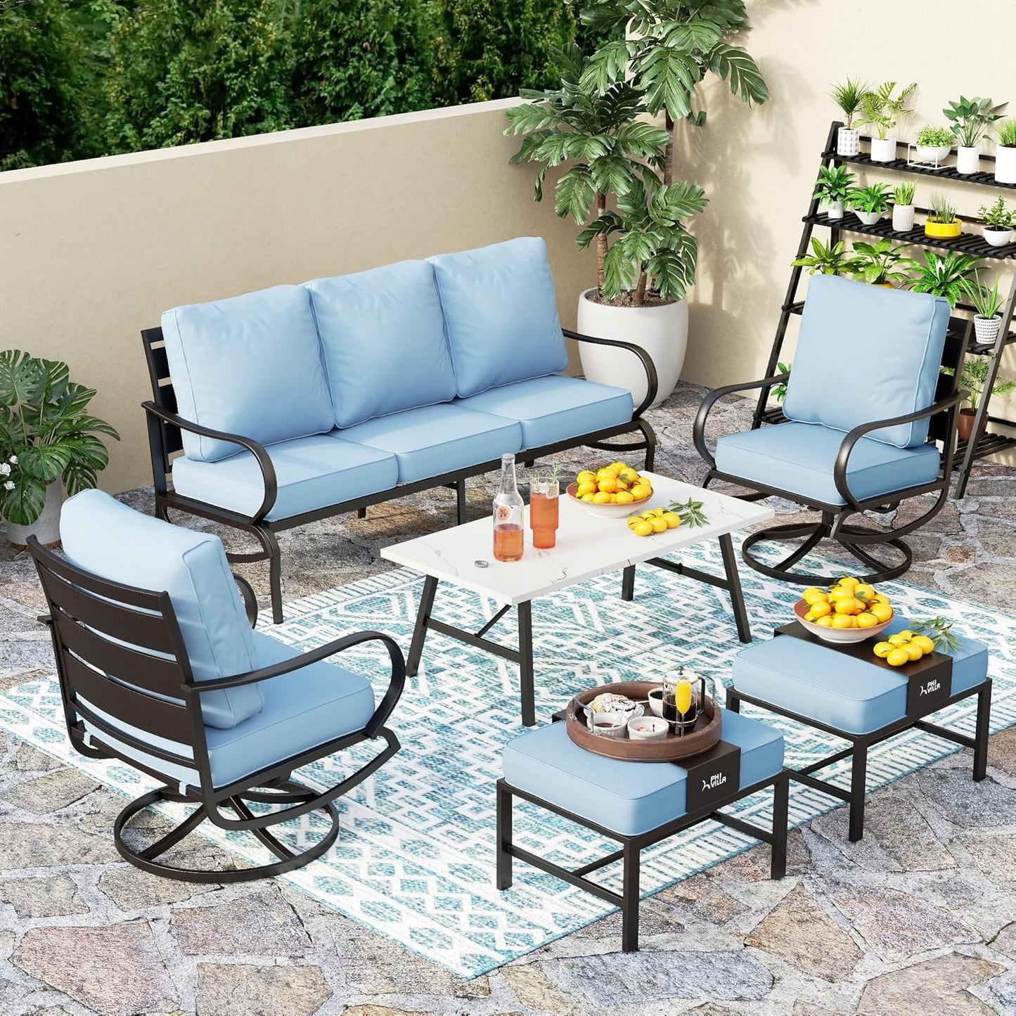 PHI VILLA 6 Piece Patio Furniture Sets with 1 x 3 Seater Padded Deep Seating Bench, 2 x Swivel Cushioned Sofa Chairs, 2 x Leg Sofa Chairs and 1 x Coffee Table, Outdoor Metal Furniture Set for 7