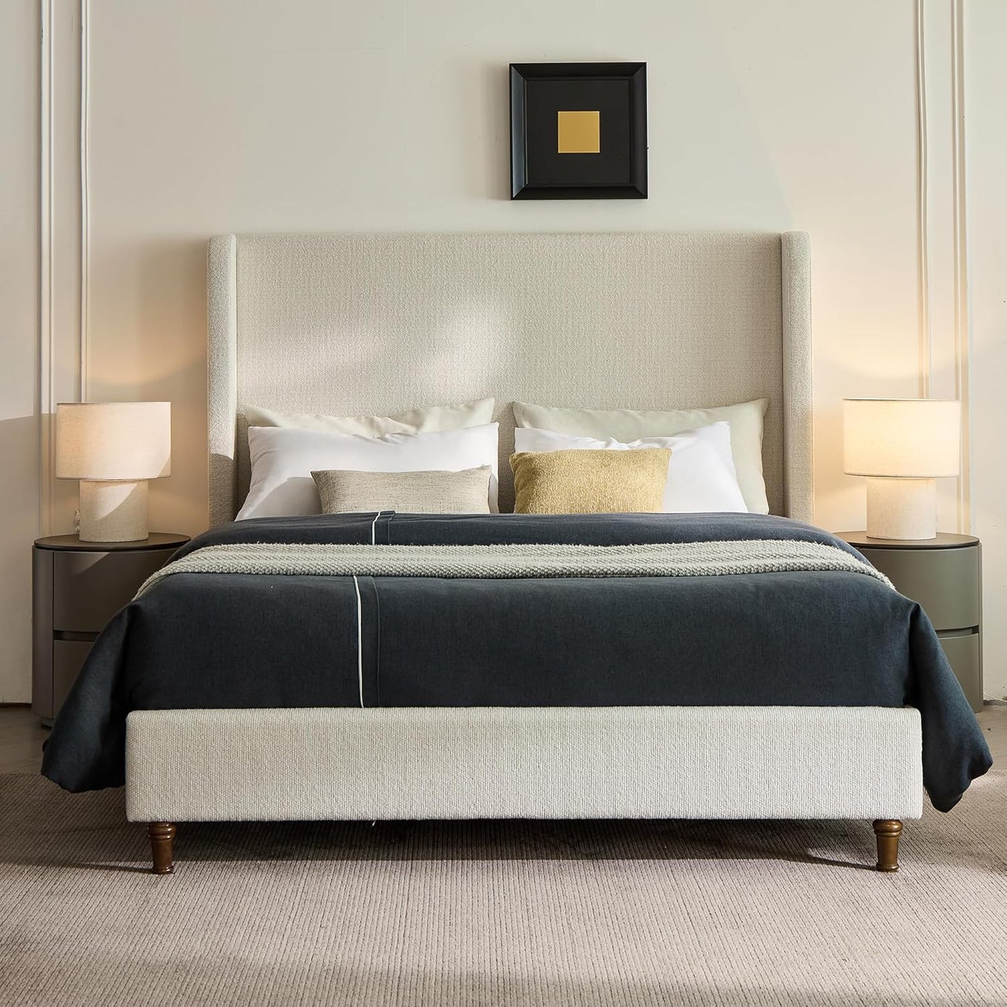 Queen Size Upholstered Platform Bed Frame, 54" High Headboard Carmen Wingback Bed, Fully Upholstered Mattress Foundation, No Box Spring Needed No Noise, Minimalist, Textured Ivory