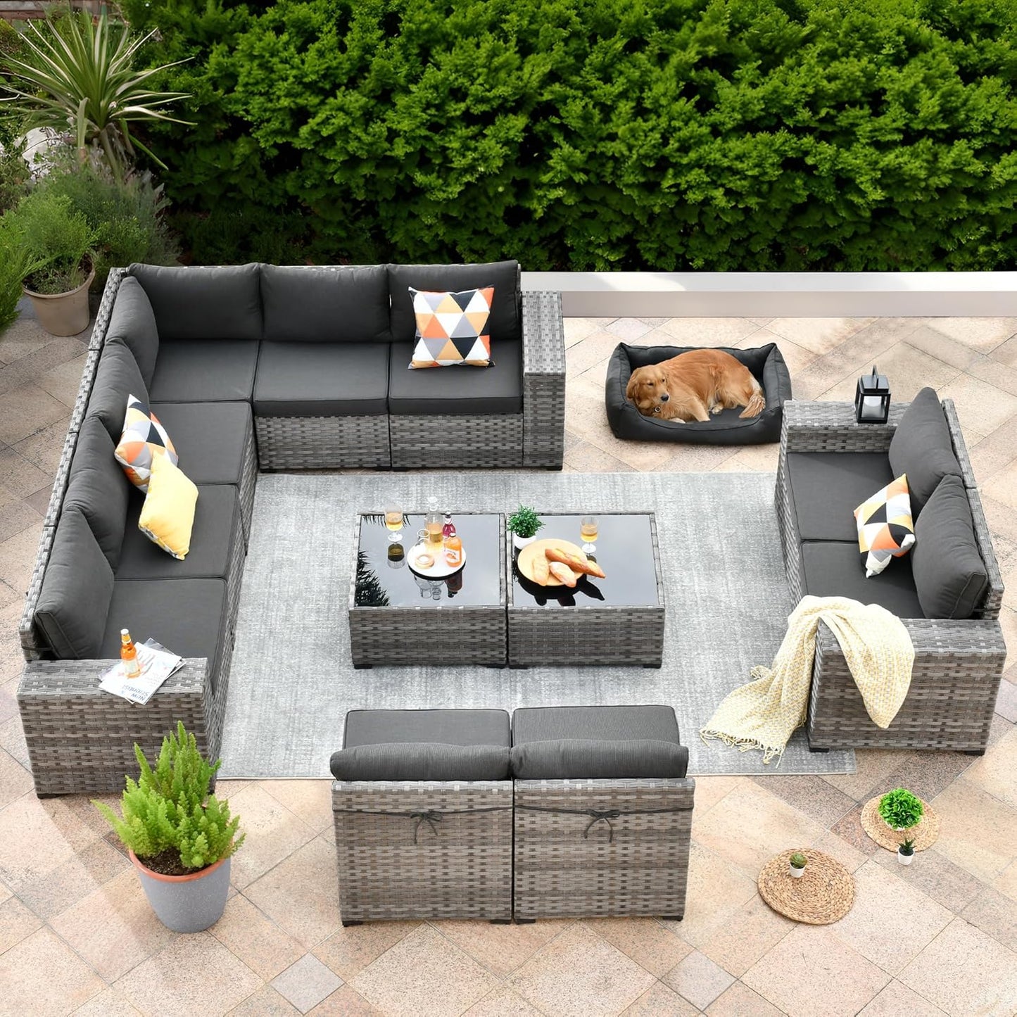 ovios 6 Pieces Patio Furniture Set, Outdoor Wicker Sectional Sofa with Glass Table Comfy Cushions, Modern Modular Deep Seat Couch Rattan Conversation Set, Denim Blue