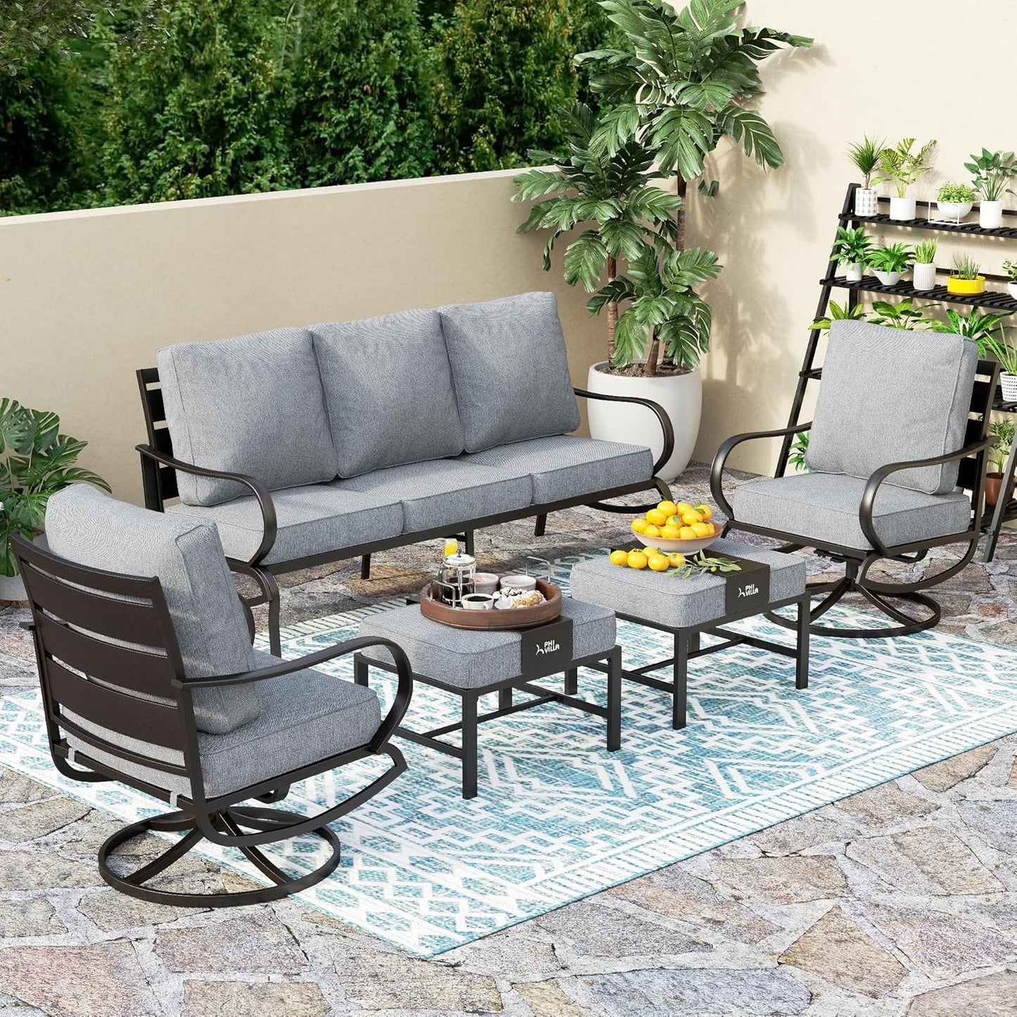 PHI VILLA 6 Piece Patio Furniture Sets with 1 x 3 Seater Padded Deep Seating Bench, 2 x Swivel Cushioned Sofa Chairs, 2 x Leg Sofa Chairs and 1 x Coffee Table, Outdoor Metal Furniture Set for 7