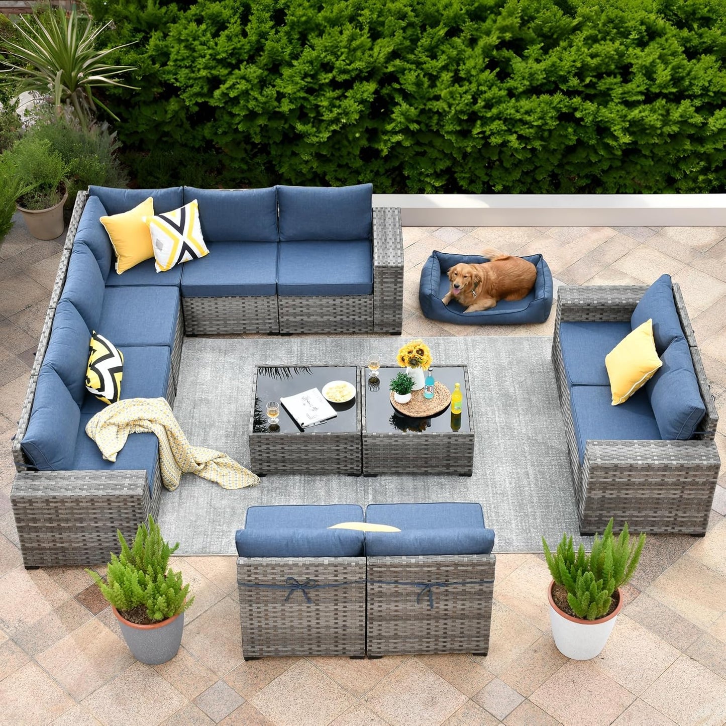 ovios 6 Pieces Patio Furniture Set, Outdoor Wicker Sectional Sofa with Glass Table Comfy Cushions, Modern Modular Deep Seat Couch Rattan Conversation Set, Denim Blue