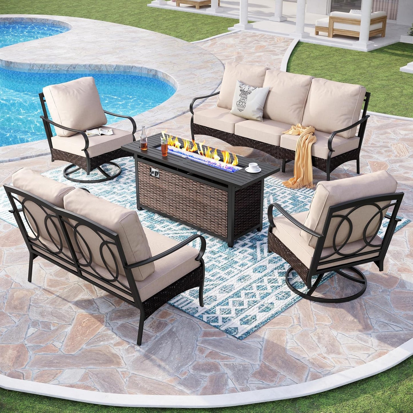 Patio Furniture Set with 56" Fire Pit Table, Premium Outdoor Wicker Metal Frame Furniture with Upgraded Waterproof Thick Cushions for Porch, Poolside, Deck, and Yard (4 Pieces,Red