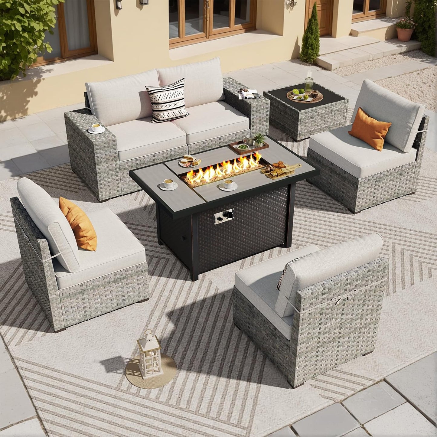 ovios 6 Pieces Patio Furniture Set, Outdoor Wicker Sectional Sofa with Glass Table Comfy Cushions, Modern Modular Deep Seat Couch Rattan Conversation Set, Denim Blue