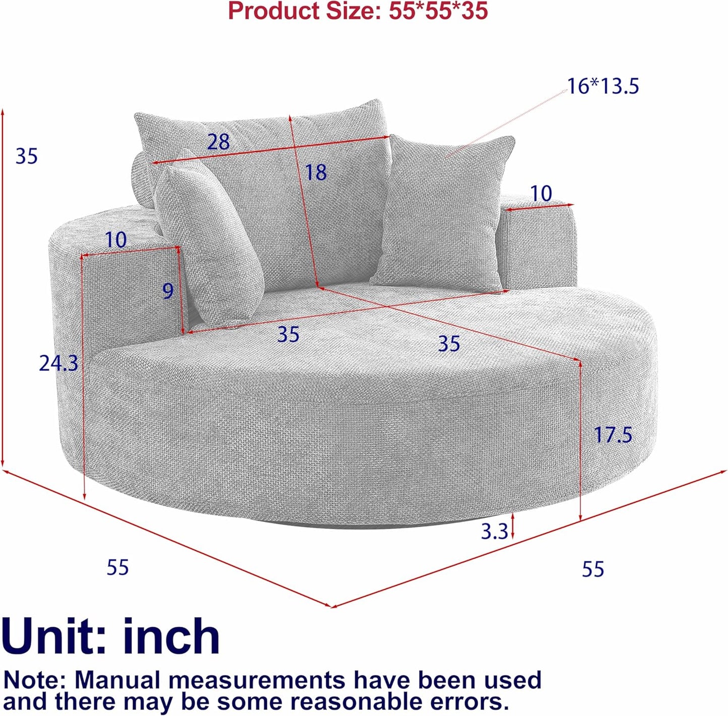 KEIKI 55" Oversized Swivel Accent Chair, Large Barrel Chairs Upholstered Round Swivel Chair, Chenille Single Sofa Armchair, Sleeper Chair for Living Room, Lounge, Beige