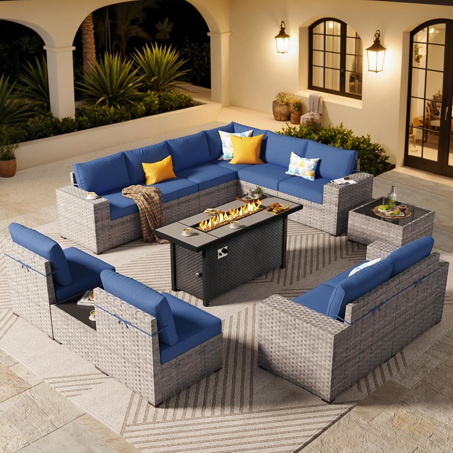 ovios 6 Pieces Patio Furniture Set, Outdoor Wicker Sectional Sofa with Glass Table Comfy Cushions, Modern Modular Deep Seat Couch Rattan Conversation Set, Denim Blue