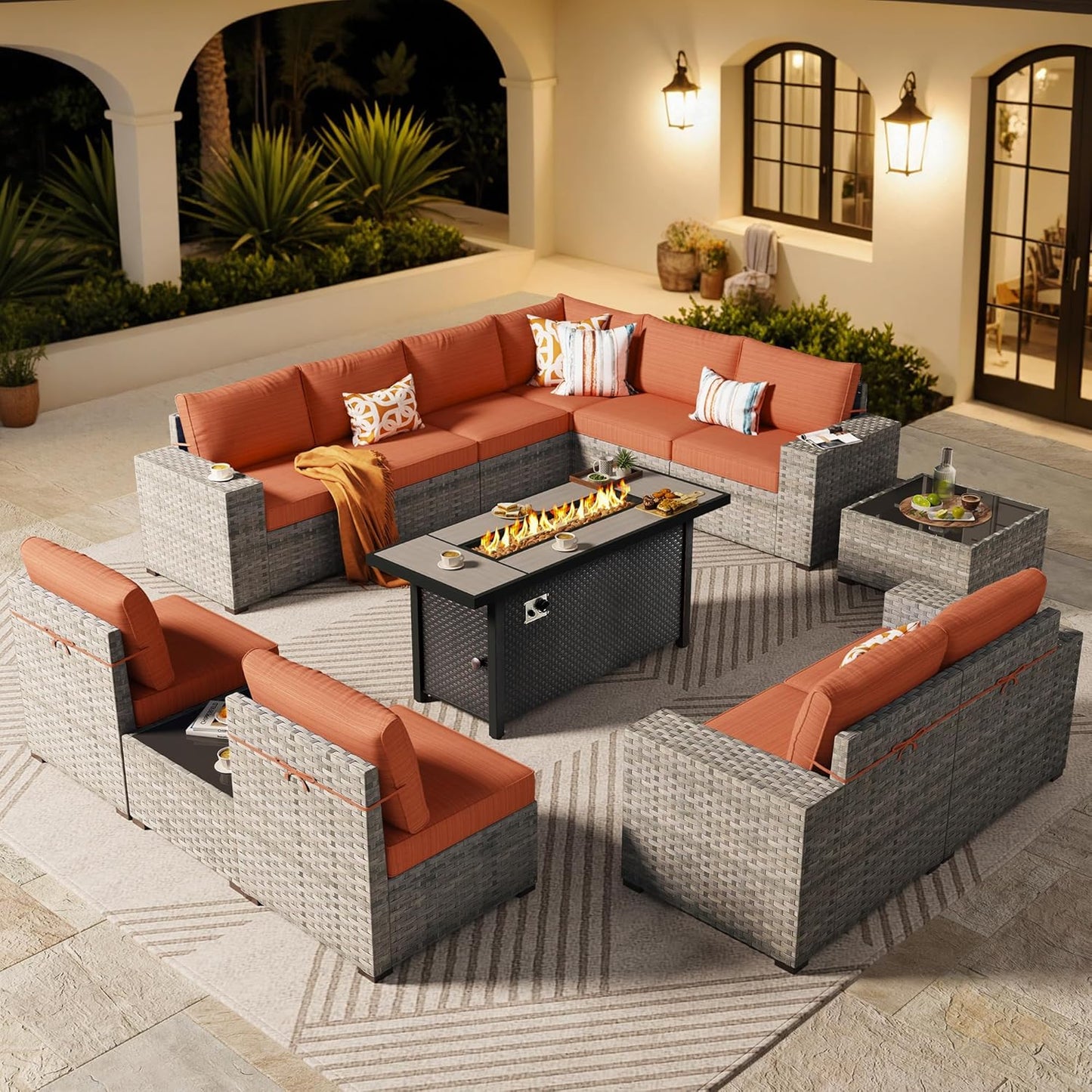 ovios 6 Pieces Patio Furniture Set, Outdoor Wicker Sectional Sofa with Glass Table Comfy Cushions, Modern Modular Deep Seat Couch Rattan Conversation Set, Denim Blue