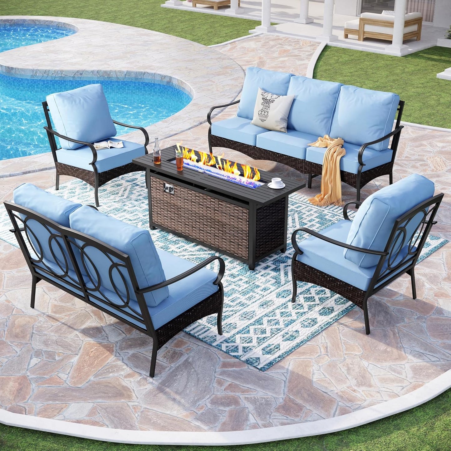 Patio Furniture Set with 56" Fire Pit Table, Premium Outdoor Wicker Metal Frame Furniture with Upgraded Waterproof Thick Cushions for Porch, Poolside, Deck, and Yard (4 Pieces,Red