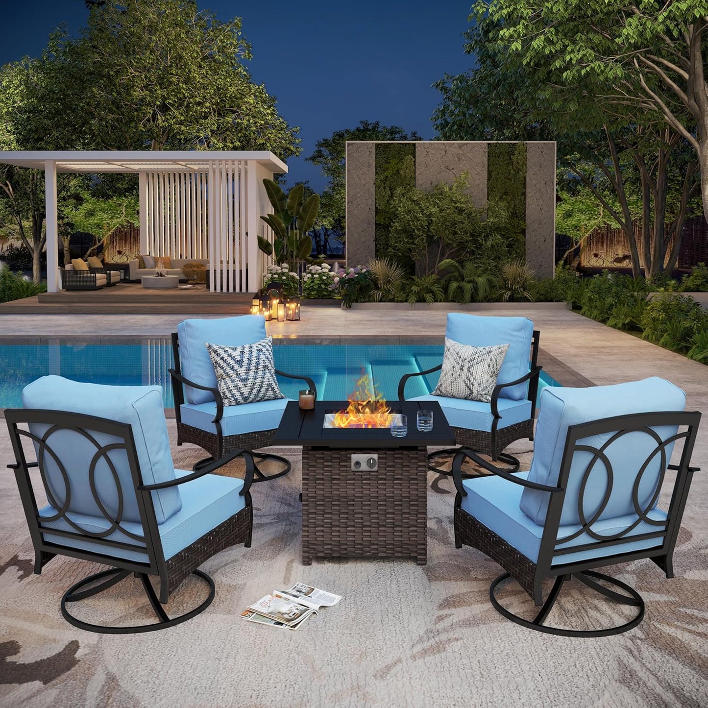 Patio Furniture Set with 56" Fire Pit Table, Premium Outdoor Wicker Metal Frame Furniture with Upgraded Waterproof Thick Cushions for Porch, Poolside, Deck, and Yard (4 Pieces,Red