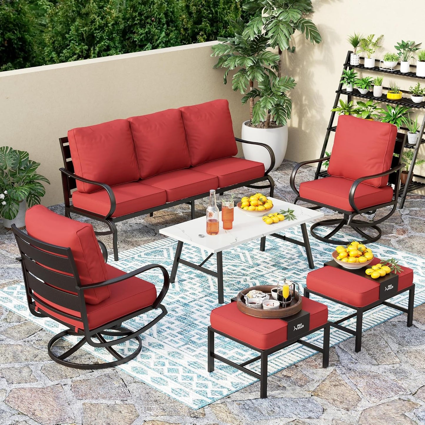 PHI VILLA 6 Piece Patio Furniture Sets with 1 x 3 Seater Padded Deep Seating Bench, 2 x Swivel Cushioned Sofa Chairs, 2 x Leg Sofa Chairs and 1 x Coffee Table, Outdoor Metal Furniture Set for 7