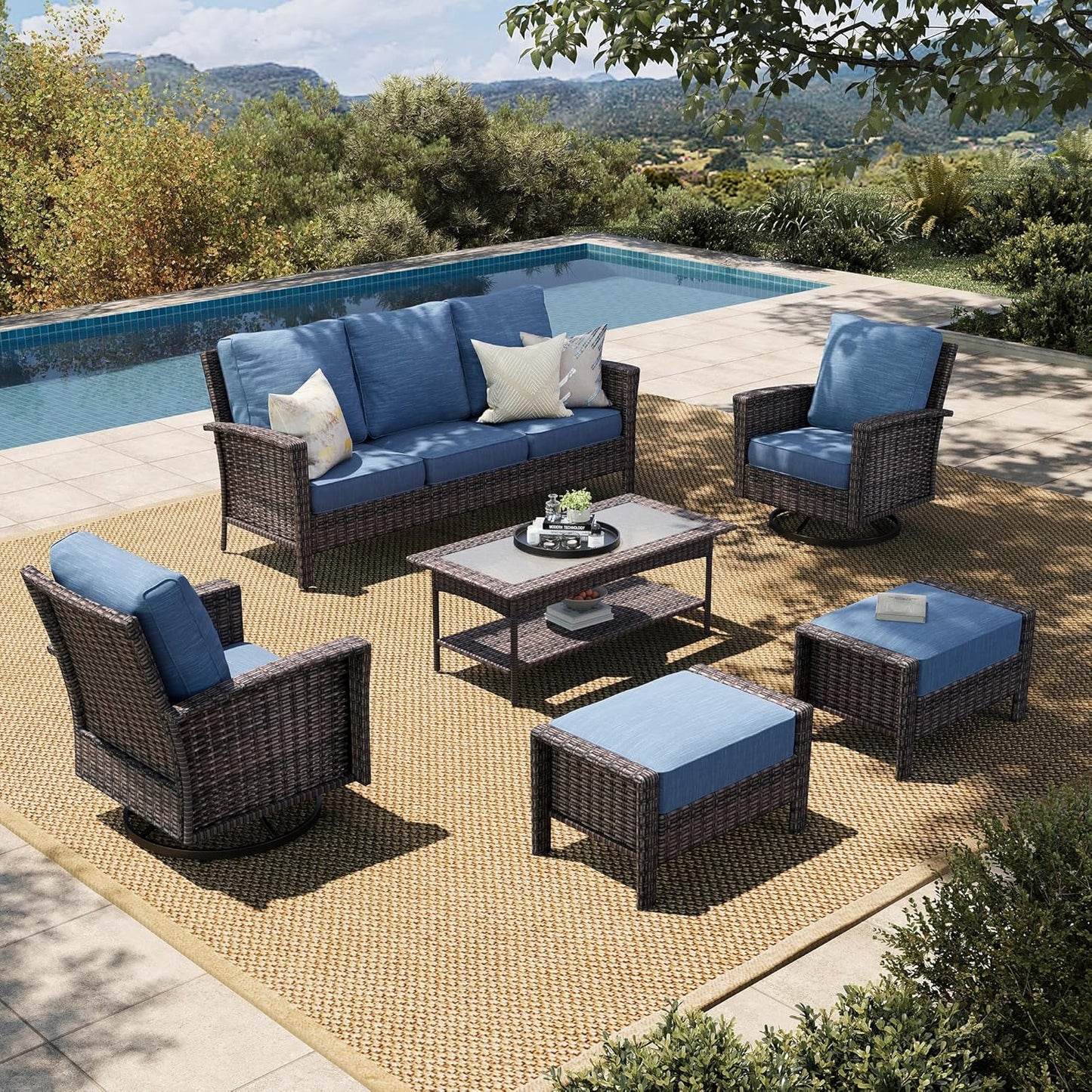 Luxury Patio Furniture Set with 5.5" Thick Cushion, Outdoor Wicker Conversation Set, 4 x High Back Swivel Patio Chairs with Tempered Glass Table, Waterproof 3-Seat Sofa for Deck Lawn Deck Yard, Beige