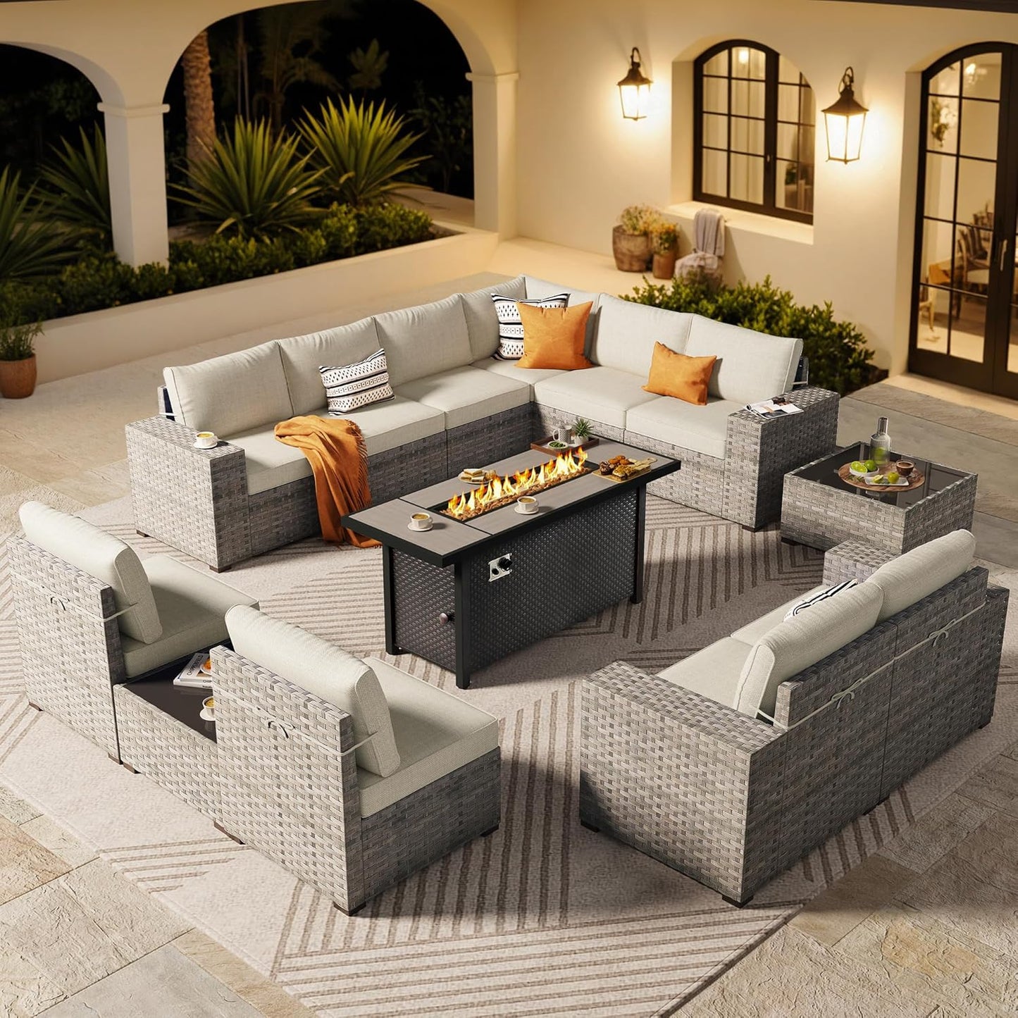 ovios 6 Pieces Patio Furniture Set, Outdoor Wicker Sectional Sofa with Glass Table Comfy Cushions, Modern Modular Deep Seat Couch Rattan Conversation Set, Denim Blue