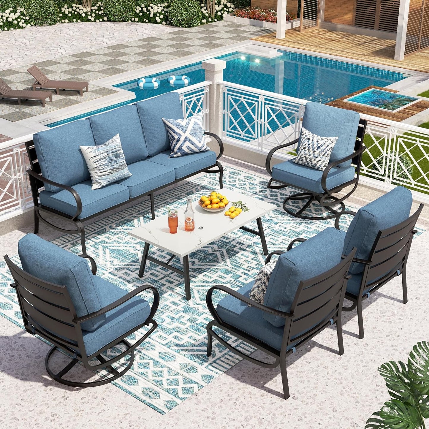 PHI VILLA 6 Piece Patio Furniture Sets with 1 x 3 Seater Padded Deep Seating Bench, 2 x Swivel Cushioned Sofa Chairs, 2 x Leg Sofa Chairs and 1 x Coffee Table, Outdoor Metal Furniture Set for 7